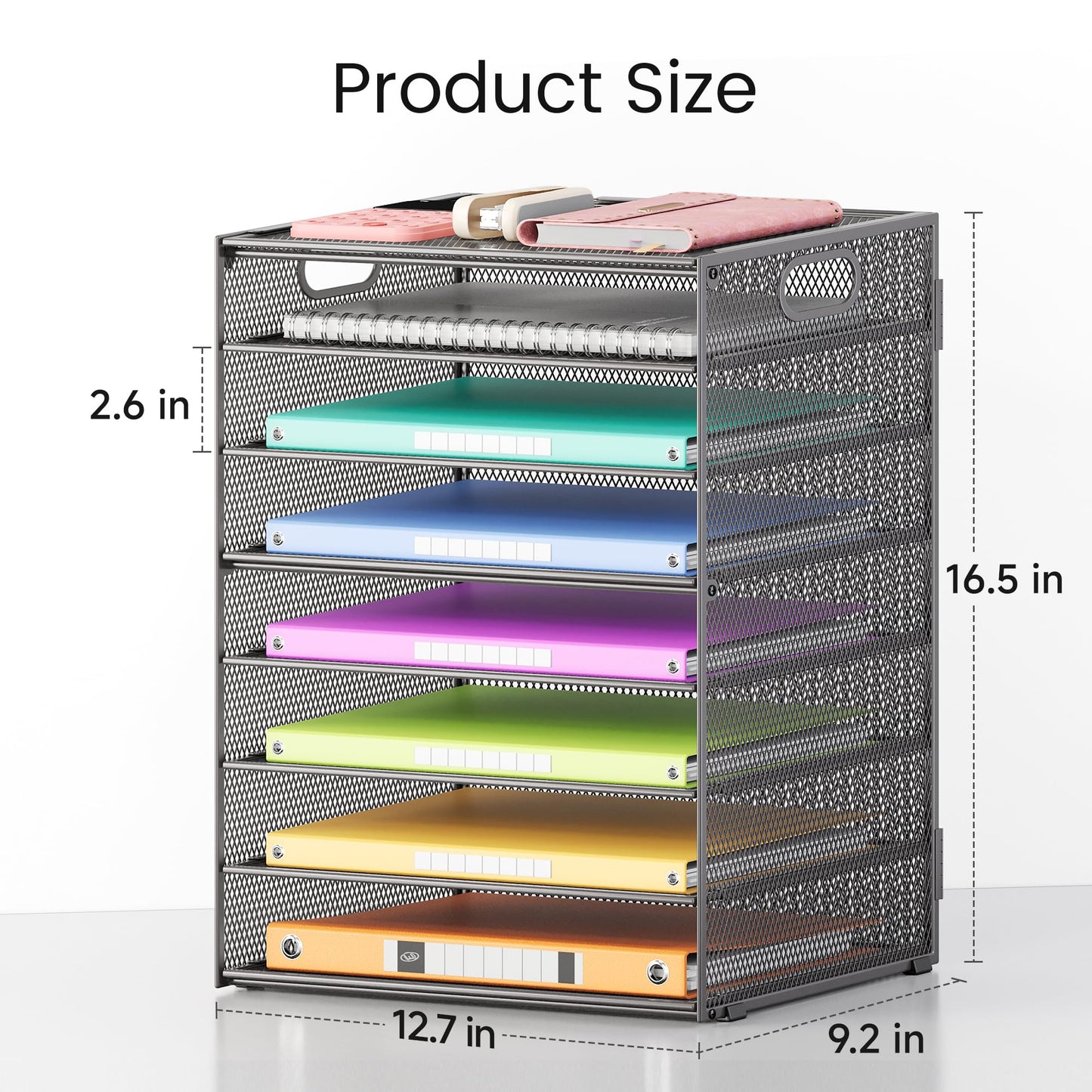 Lavatino 2 Pack 8-Tier Office Desk File Organizer, Letter Tray Paper Organizer with Handle, Including 5 Adjustable Slide Trays for Organizing Desk Workspace Accessories and Supplies (Grey Metal Mesh)