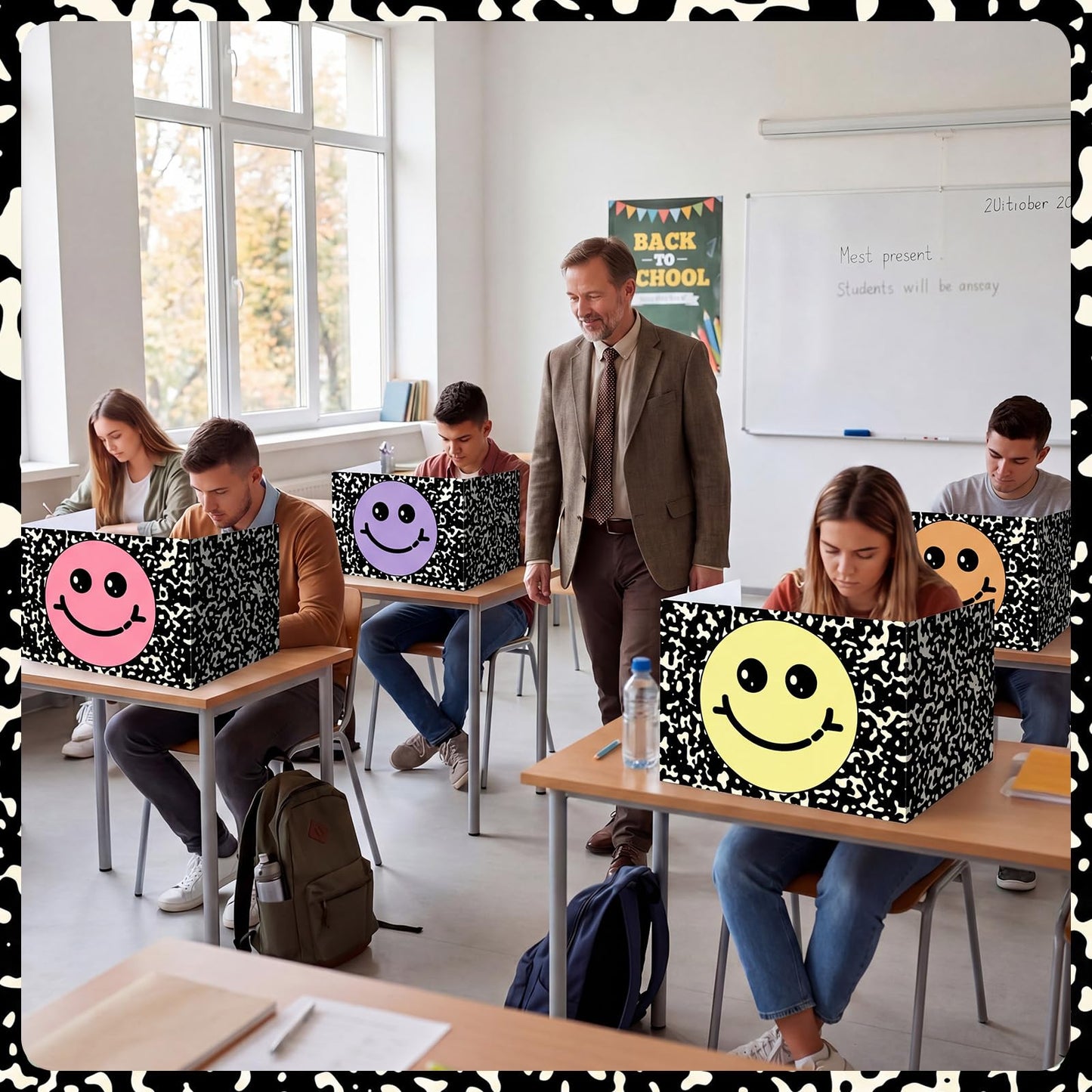 Poola Voidra 24 Pcs Composition Desk Dividers for Students Cardboard Privacy Folders Testing Privacy Classroom Boards for Desk Back to School Teacher Office Study Supplies (Pastel Smile Face)