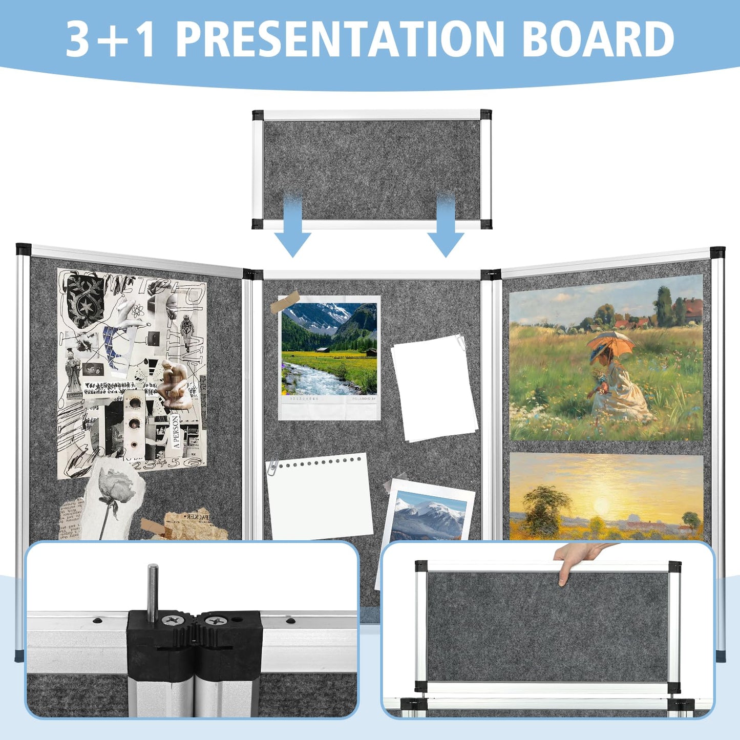 Nisorpa 3+1 Panel Trade Show Presentation Board 70.8 x 35.4 in Desktop Tri Fold Display Board Gray Single Sided Tabletop Display 4 Folding Panels with Moving Bag