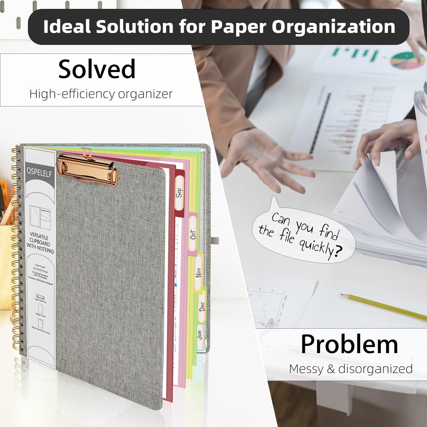 Ospelelf Foldable Spiral Clipboard Folio with Storage Zipper Pouch, 5 Plastic Folders with 10 Pockets,Refillable Lined Notepad (11" x 8.5"), Hardcover Project Organizer with 39 Stickers (Grey)