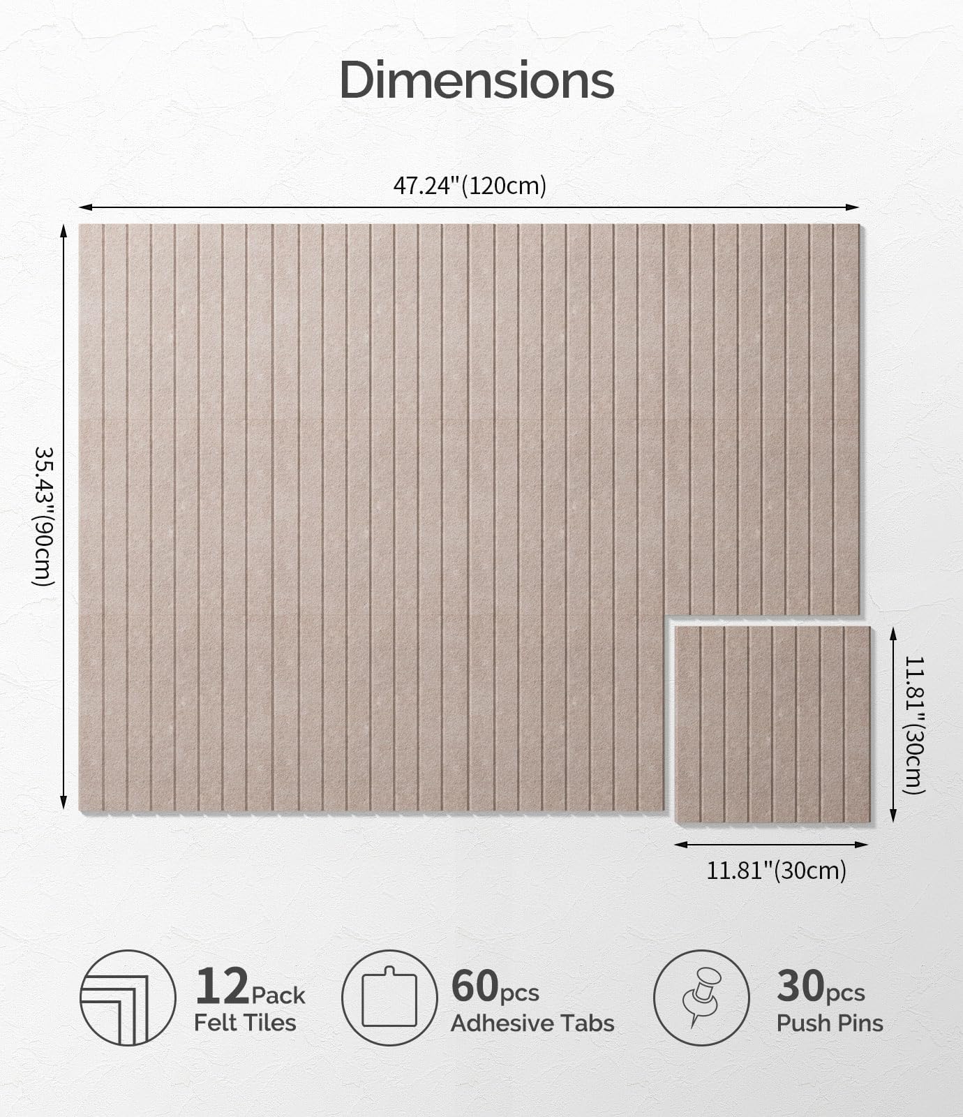 Bounmer Large Cork Board Alternative 48“ x 36”, 12-Pack Felt Bulletin Board Tiles with 60 Safe Removable Adhesive Tabs & 30 Pushpins, Cork Boards for Office Walls Decor (Taupe)