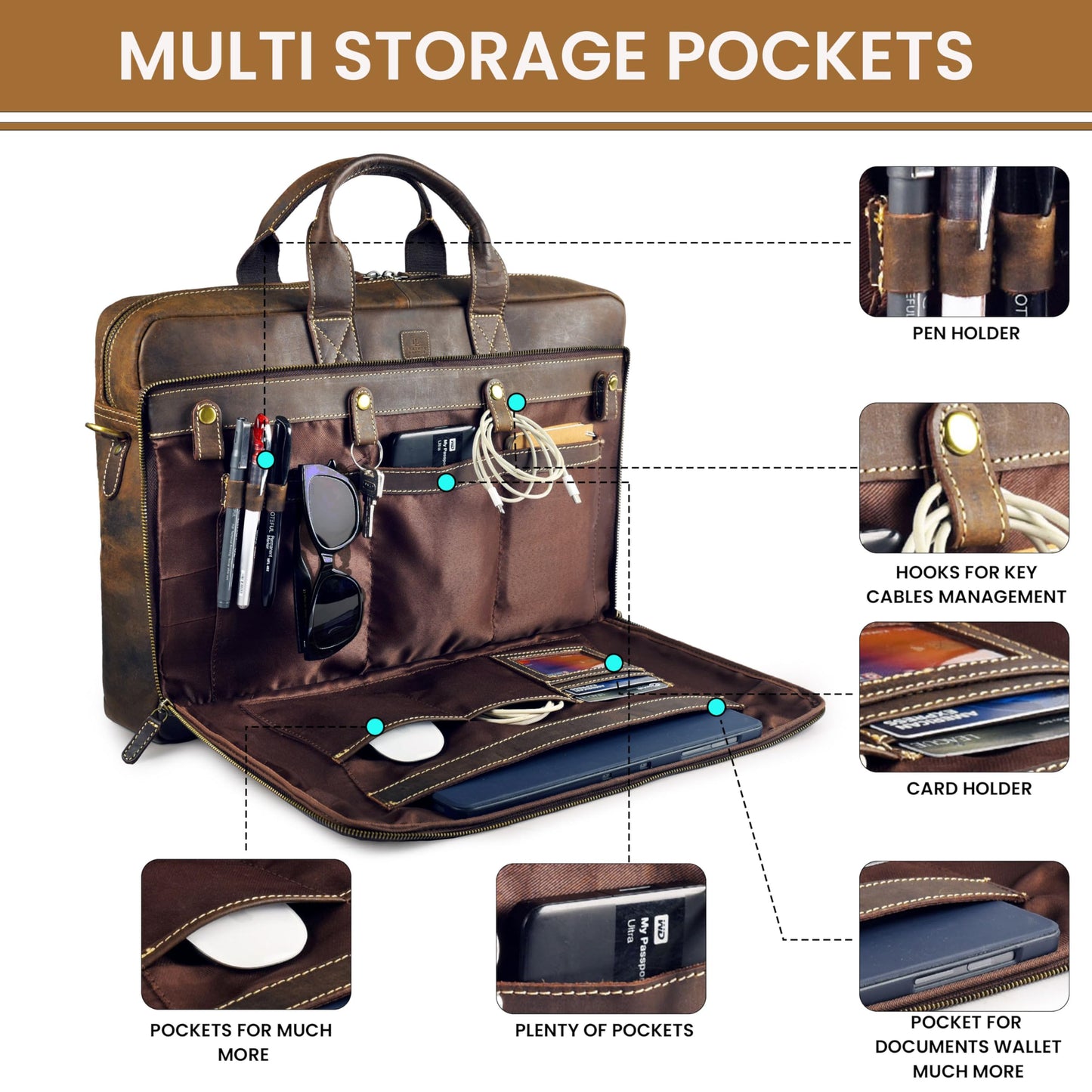 Mens Full Grain Leather Briefcase Fits 16 Inch Laptop, Leather Laptop Messenger Shoulder Satchel, Vintage Professional Work Office Bag - Brown