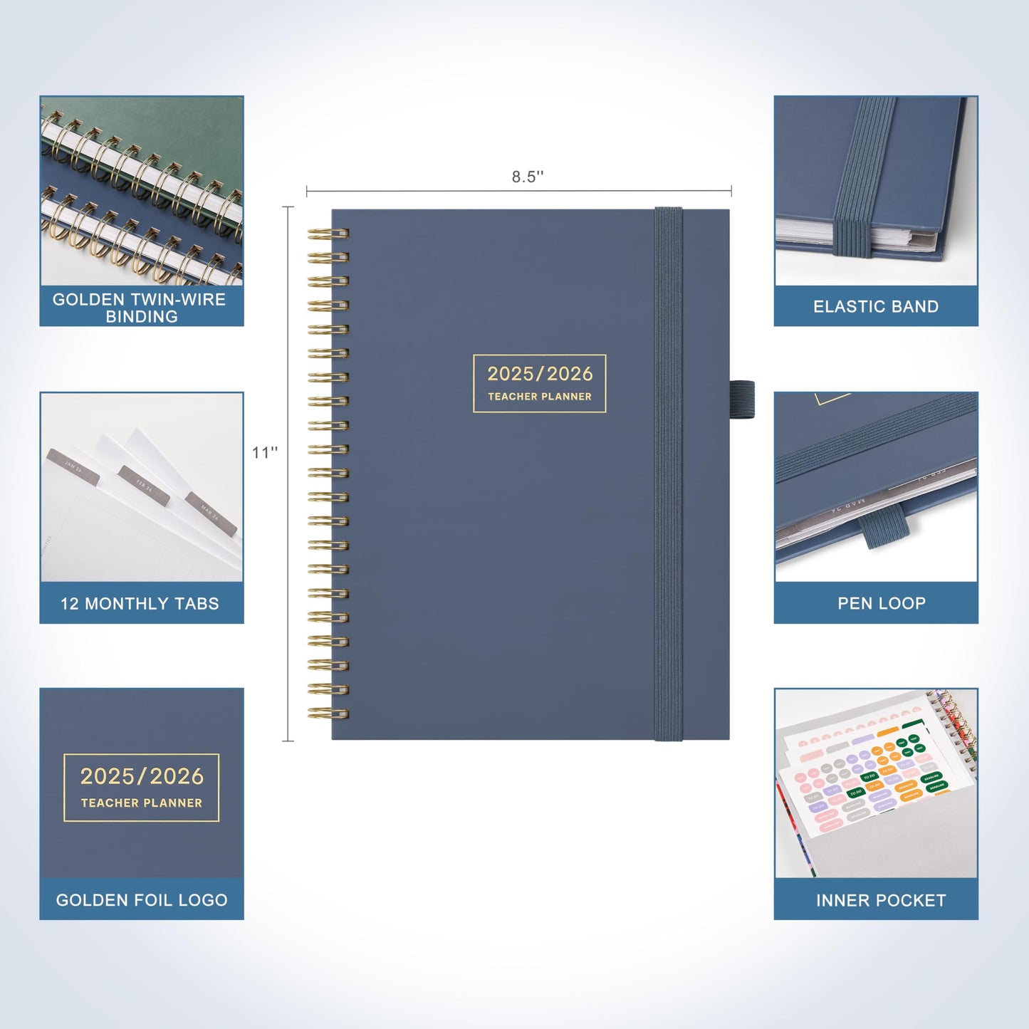And Per Se Teacher Planner 2025-2026 Academic Year -Teacher Lesson Planner from July 2025 to June 2026, 8.5" x 11", Weekly & Monthly Planning for Teachers with Monthly Tabs, Stickers (Stone Blue)