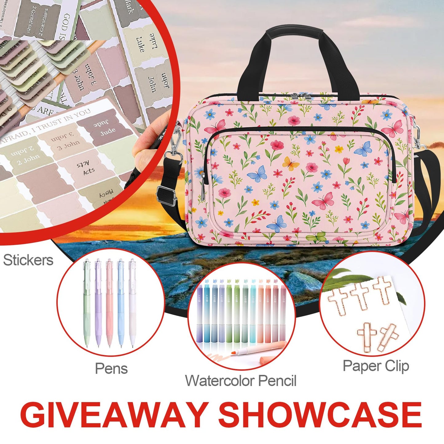 Cute Flower Large Bible Cover Case for Women Girls Organizer, Church Bag Book Carrying Case with Highlighters Shoulder Strap Pens Cross Clip Study Supplies Journaling Kit, Christian Gifts Pink