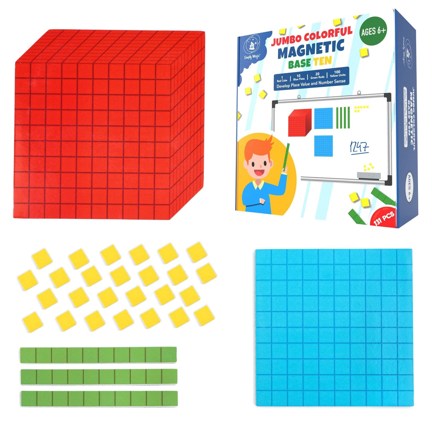 Simply magic 19 Educational Posters for Kids & 131 PCS Jumbo Magnetic Base Ten Blocks