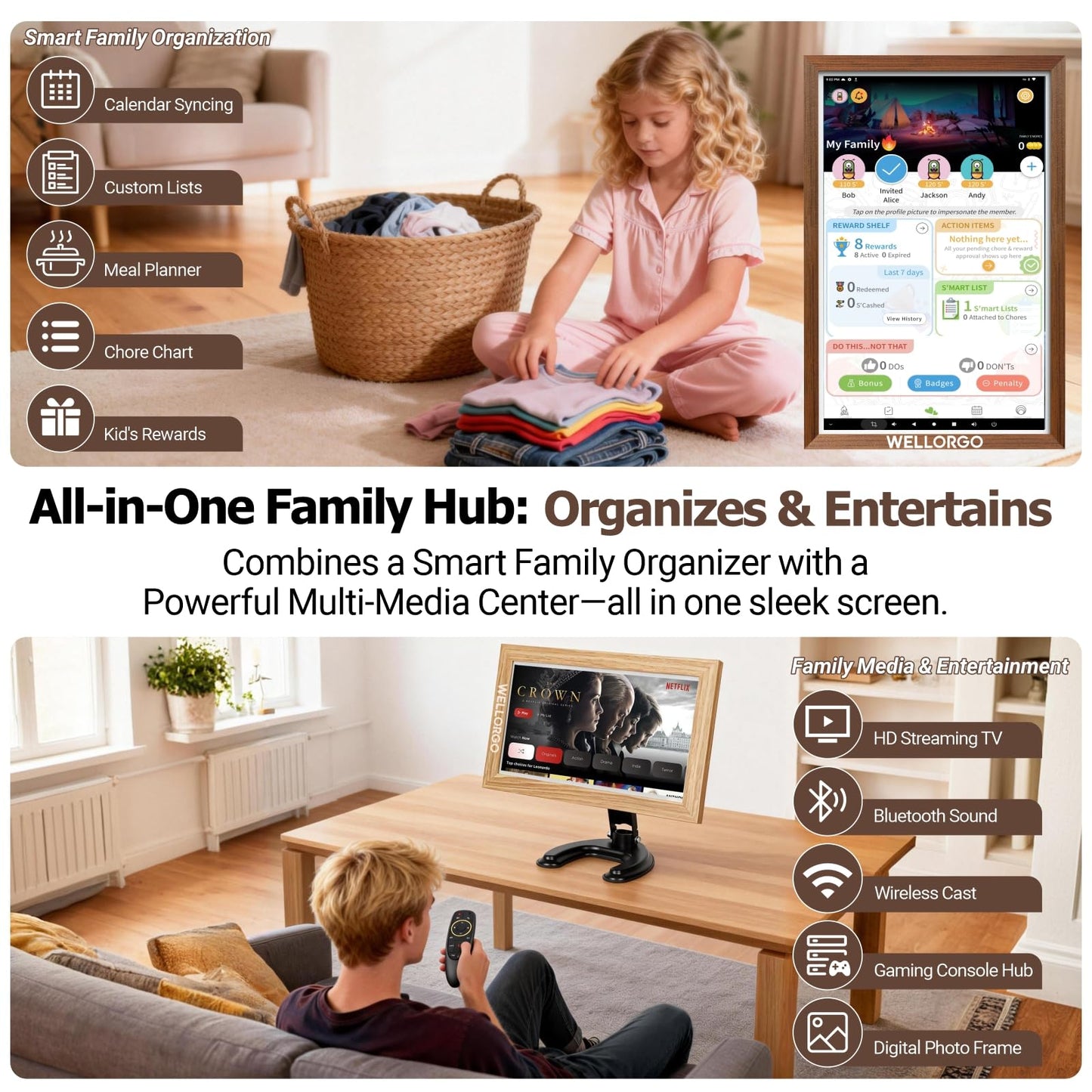Wellorgo 15.6" Digital Calendar, Electronic Smart Calendar for Family Daily Planner/Chores Chart for Kids,Touch Screen with Remote, Streaming Apps Available, Picture Frame & 360° Rotatable Desk Stand
