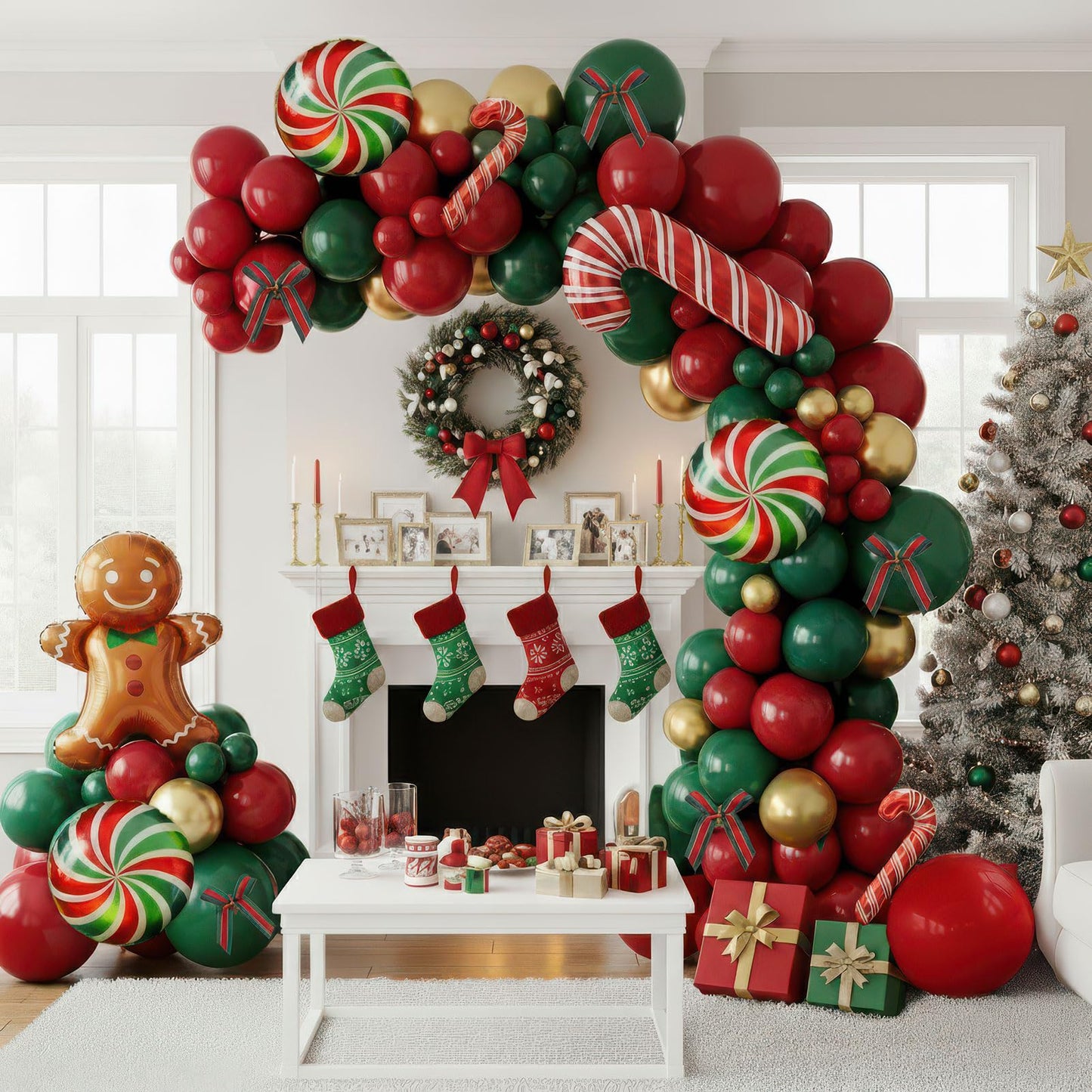 Christmas Balloon Garland Arch Kit with bow Xmas Gold Red Green Balloons Candy Cane Gift Box Gingerbread Man Foil Balloons for Christmas New Year Birthday Party Decorations