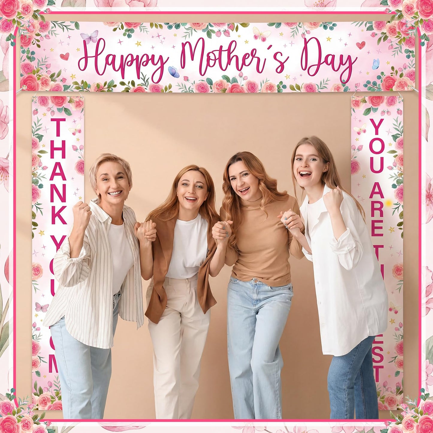 Fanfanwin 3 Pcs Pink Happy Mother's Day Banner Set Thank You Mom Front Door Banner Rose Floral Mother Decor You Are The Best Mama Party Supplies Decorations for Women Mama Wife Hanging Home Decor