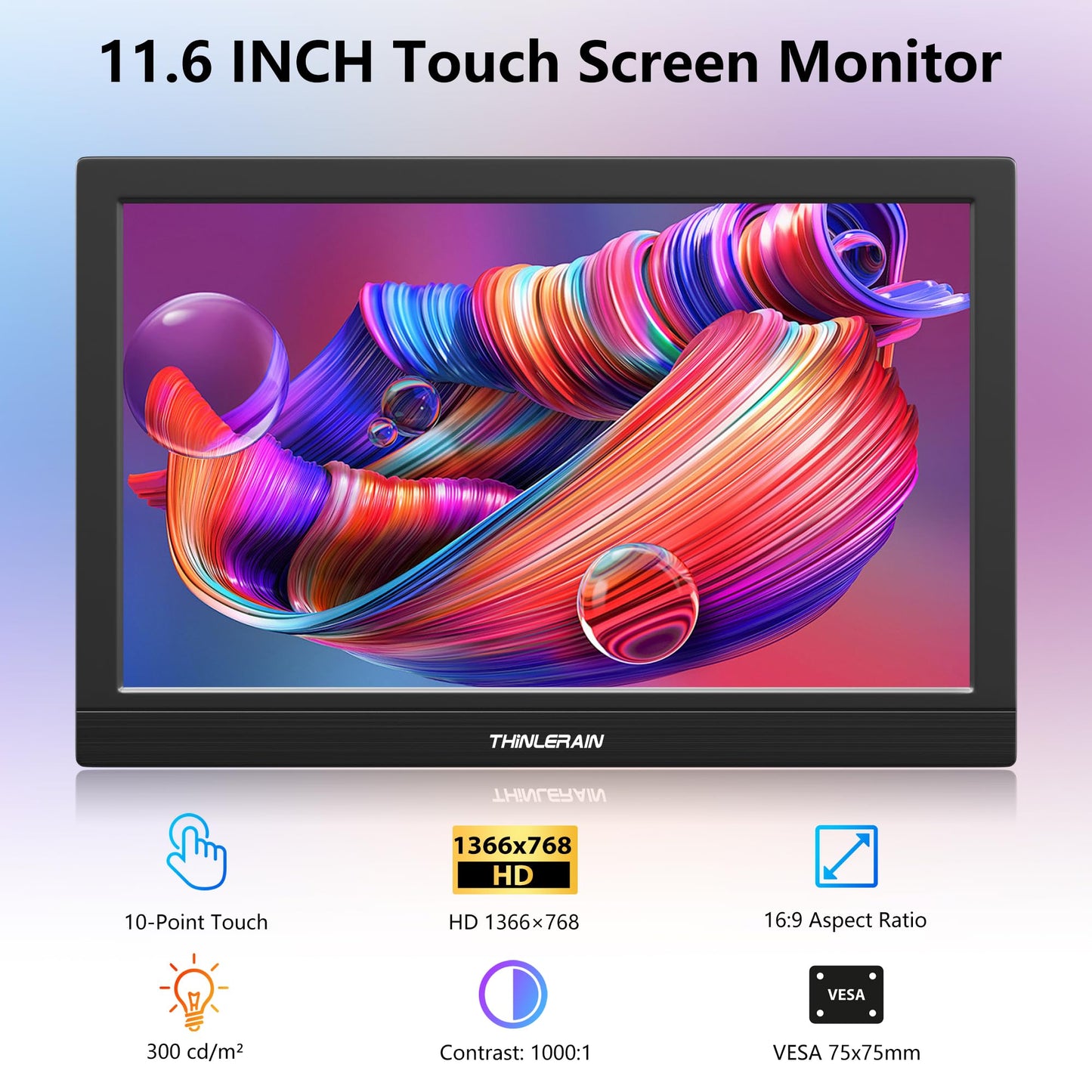 Thinlerain 11.6 Inch Portable Monitor Touchscreen, 10-Point Touch Screen Monitor Travel Screen with Kickstand & Speaker, HDMI USB C External Display for Laptop, PC, Phone