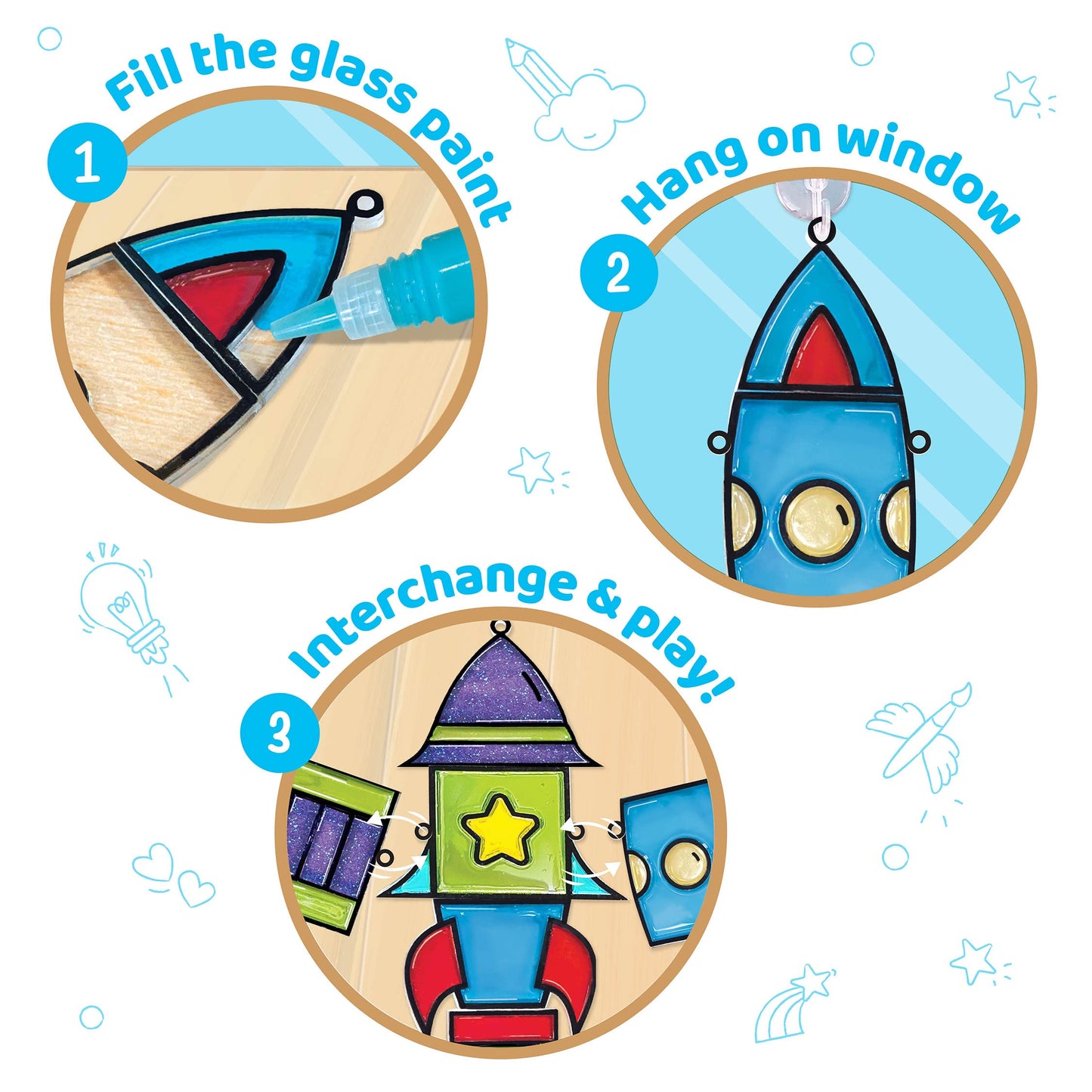 Imagimake Window Art Rocket | Low Mess Suncatcher Kit | 16 Pieces Glass Painting Set | Kids Activities Ages 5-8 | DIY Craft Kit | Birthday Gift for Boys & Girls Ages 5,6,7,8,9,10,12 Years Old