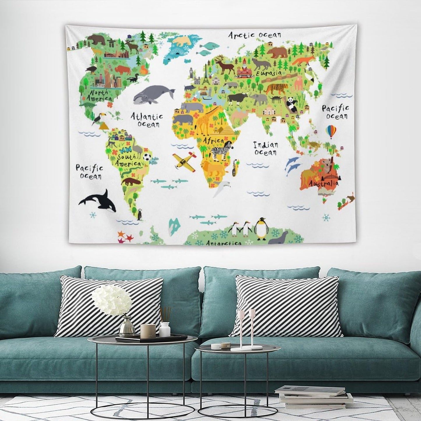 DDCBNS Kids World Map Tapestry, Cartoon Animal Map for Boys & Girls, Fun Educational Wall Hanging for Study, Classroom, Bedroom, Living Room - 80" x 60"