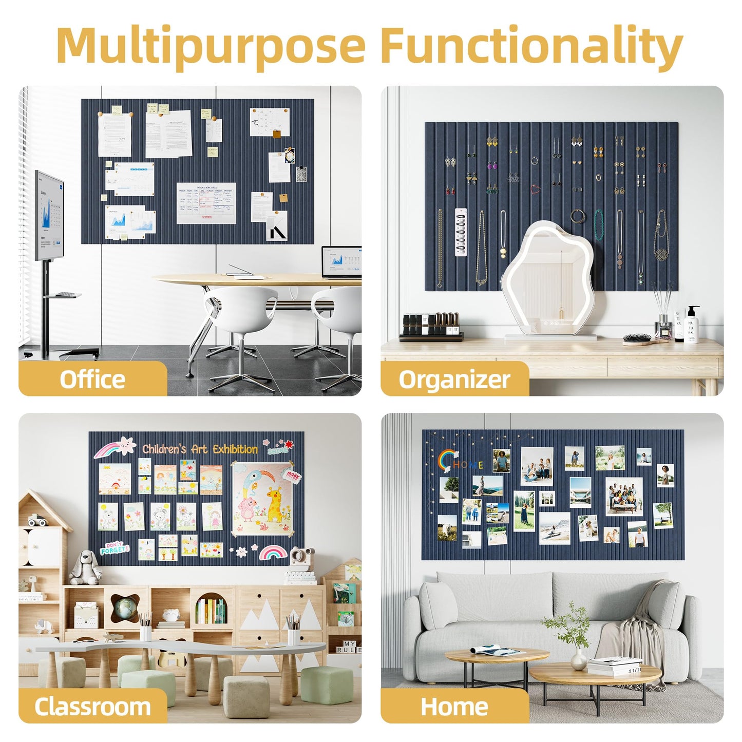Large Cork Board for Wall 36" x 48" Blue Bulletin Board with Safe Removable Adhesive Squares for Pictures Photos, Alternative CorkBoard Felt Pin Boards Tiles for Office Classroom Wall Decor - 12 Pack