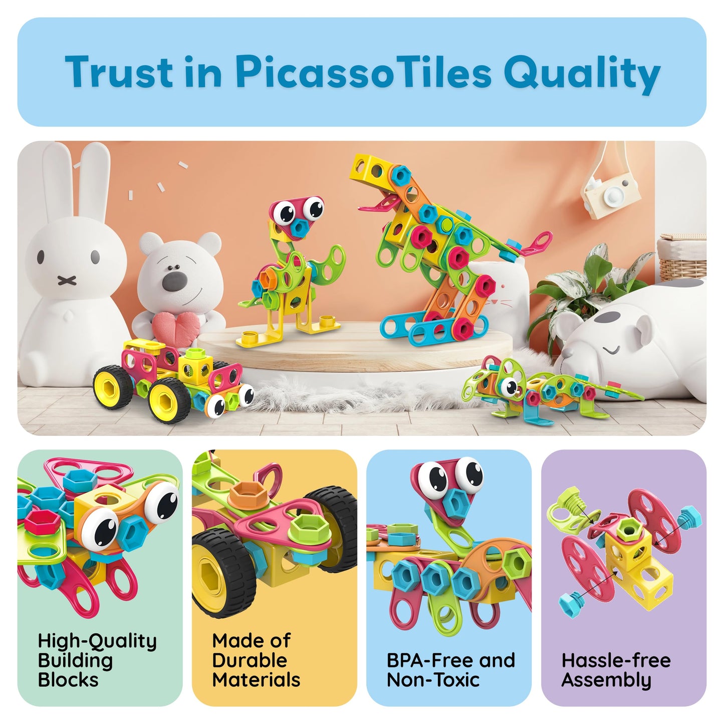 PicassoTiles STEM Learning Toys 250 Piece Building Block Kids Construction Engineering Kit Toy Blocks Children Early Education Playset w/Free IdeaBook, Power Drill, Clickable Ratchet, Age 3+ PTN250