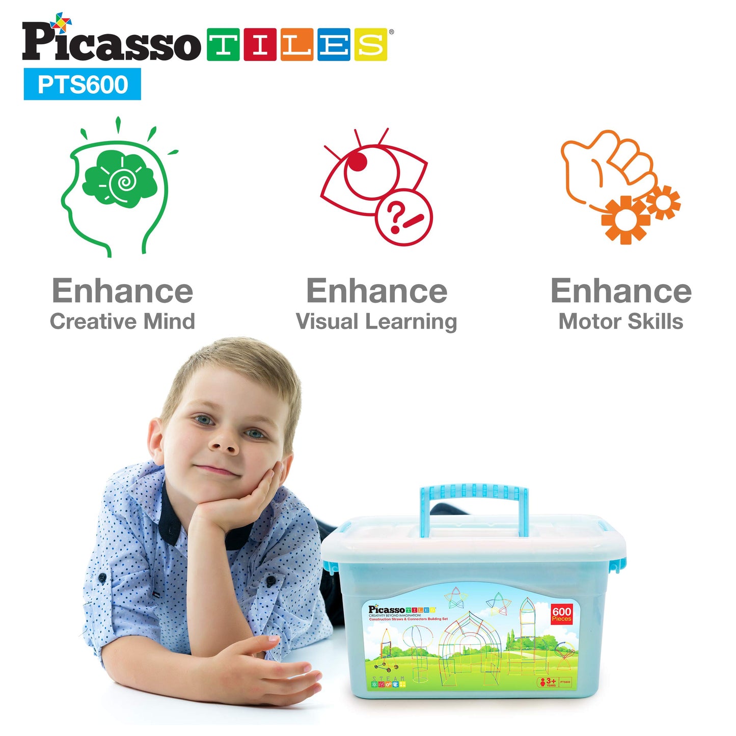 PicassoTiles 600pc Construction Toy Straw Building Set Children STEM Learning Interlocking Building Toys Creative Straw Connecting Builder Kits Early Education Kit for Kids Boys & Girls Ages 3+ PTS600