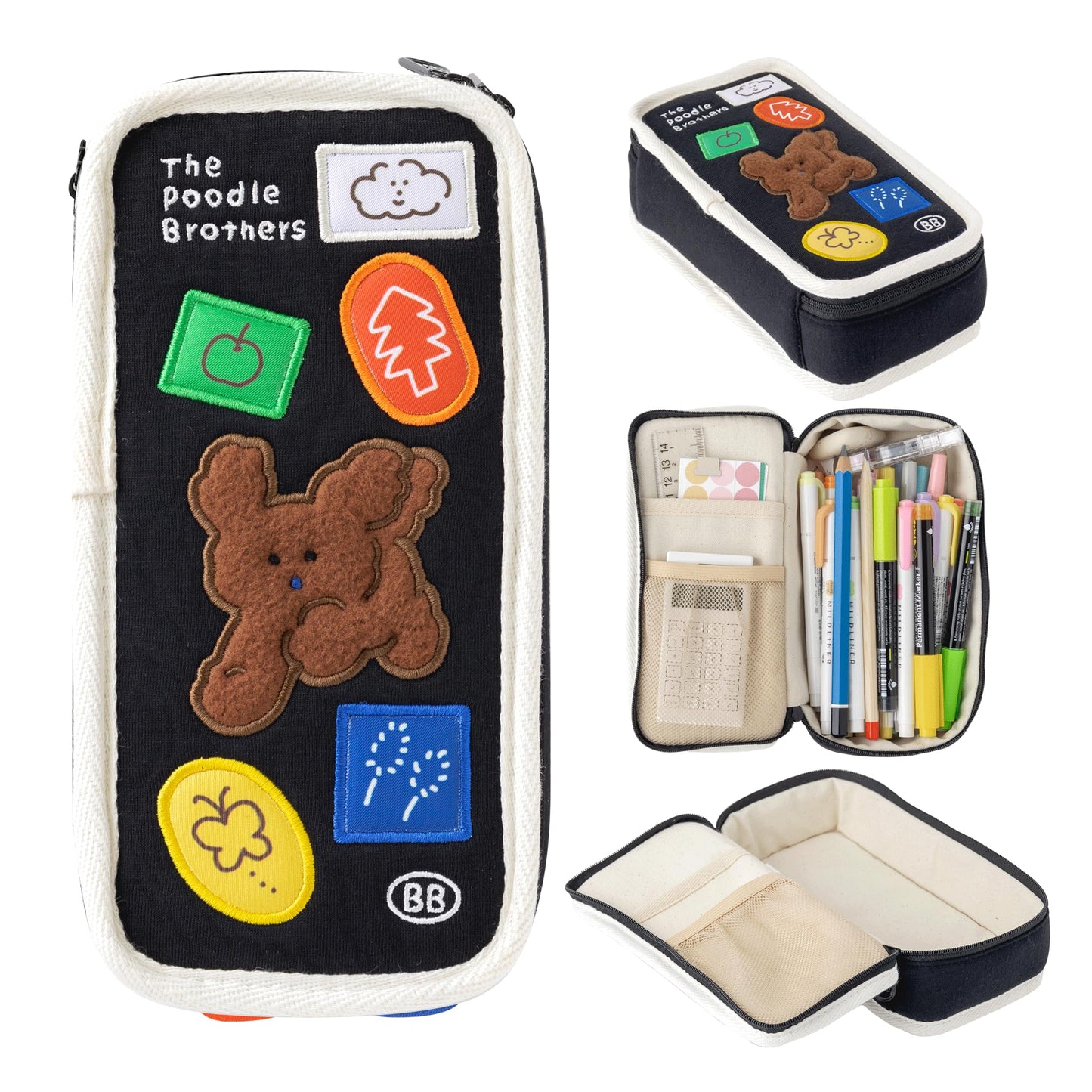 brunch brother Poodle Black Pencil Case with Ample Storage, Embroidery Design Pencil Pouch for Students, Simple Design Stationery Organizer