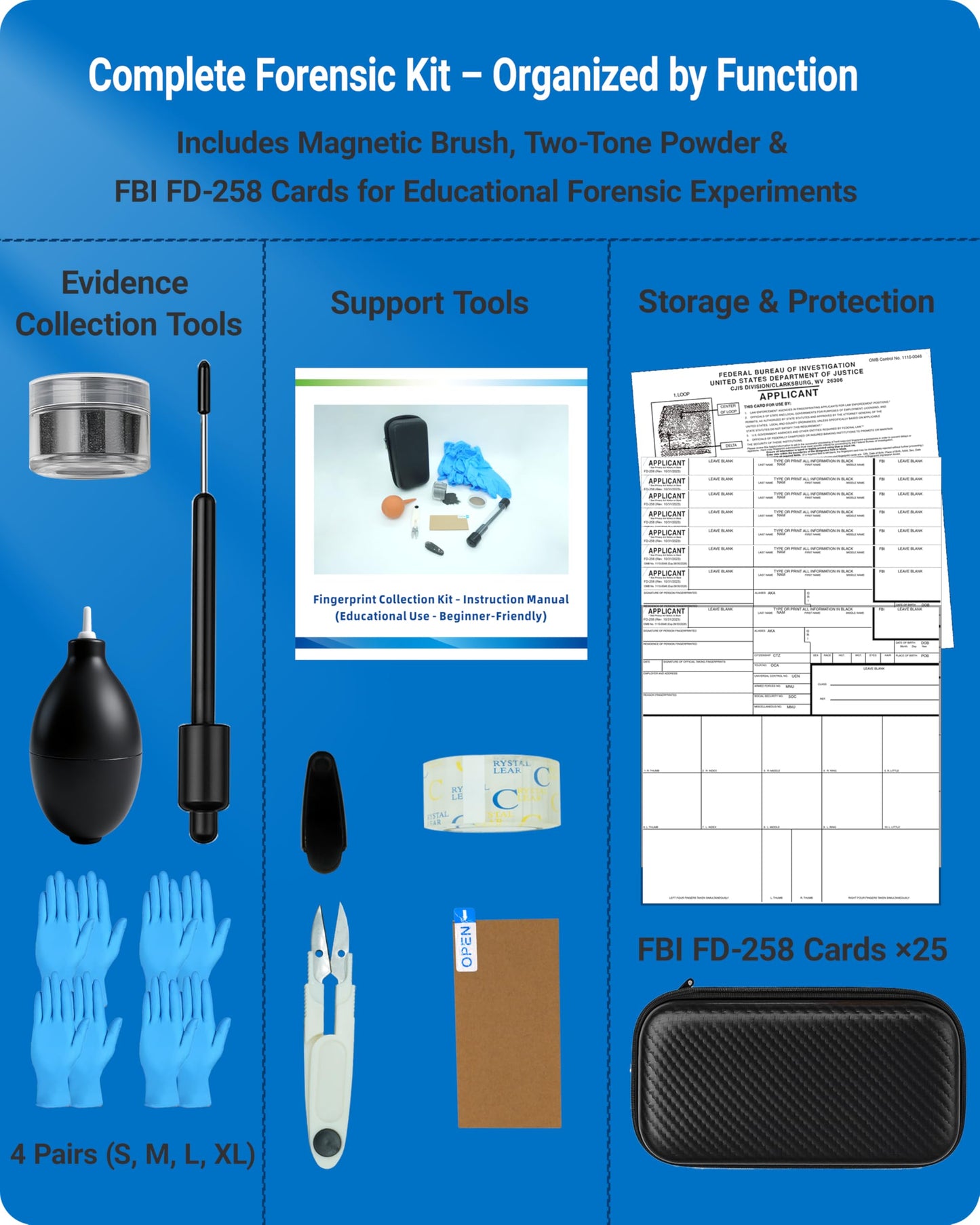 TillBio Latent Fingerprint Kit 13-Piece Set, Magnetic Two-Tone Powder, Magnetic Brush, Fingerprint Cards & More for Classroom and Forensic Science Education (13-in-1 Set)