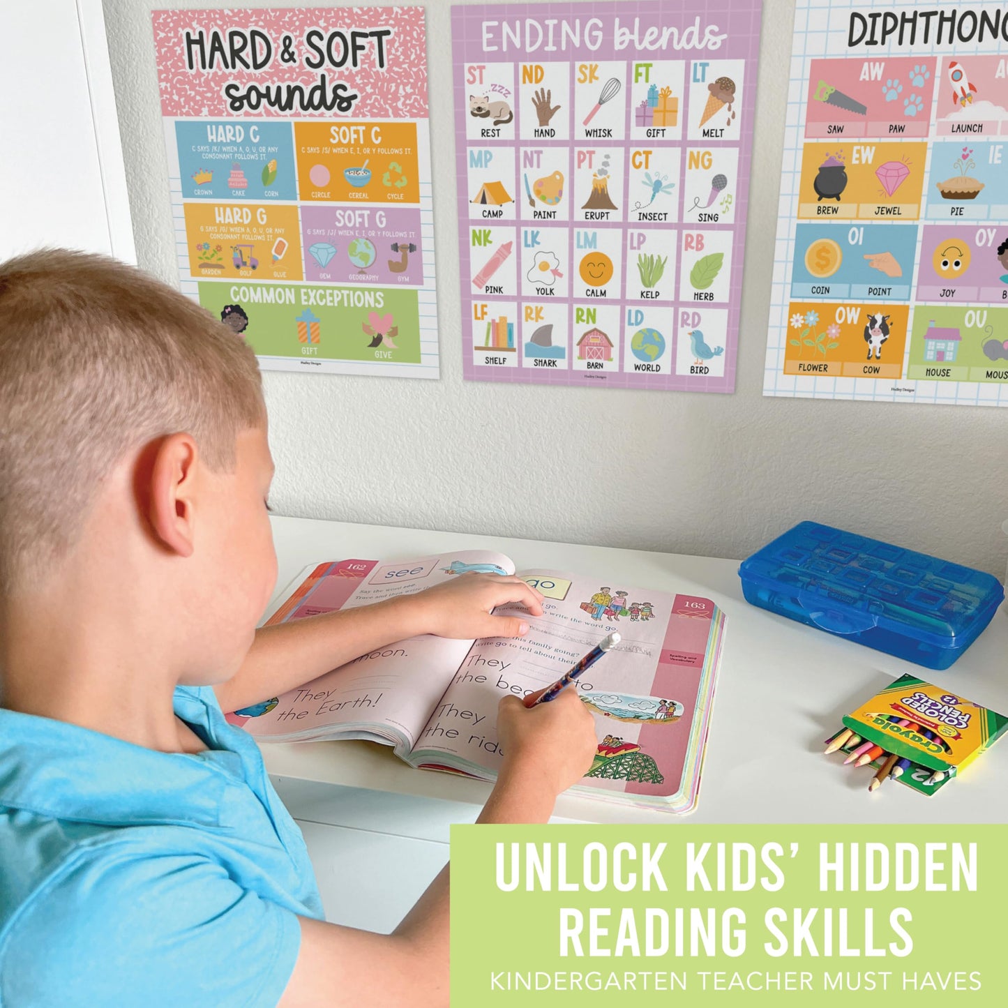 Hadley Designs Phonics Posters for Classroom Must Haves - 9 Sound Wall for Kindergarten & Elementary Teacher Supplies, Syllable, Vowels, Digraphs & Blends Bulletin Board Set, Pastel Classrom Decor
