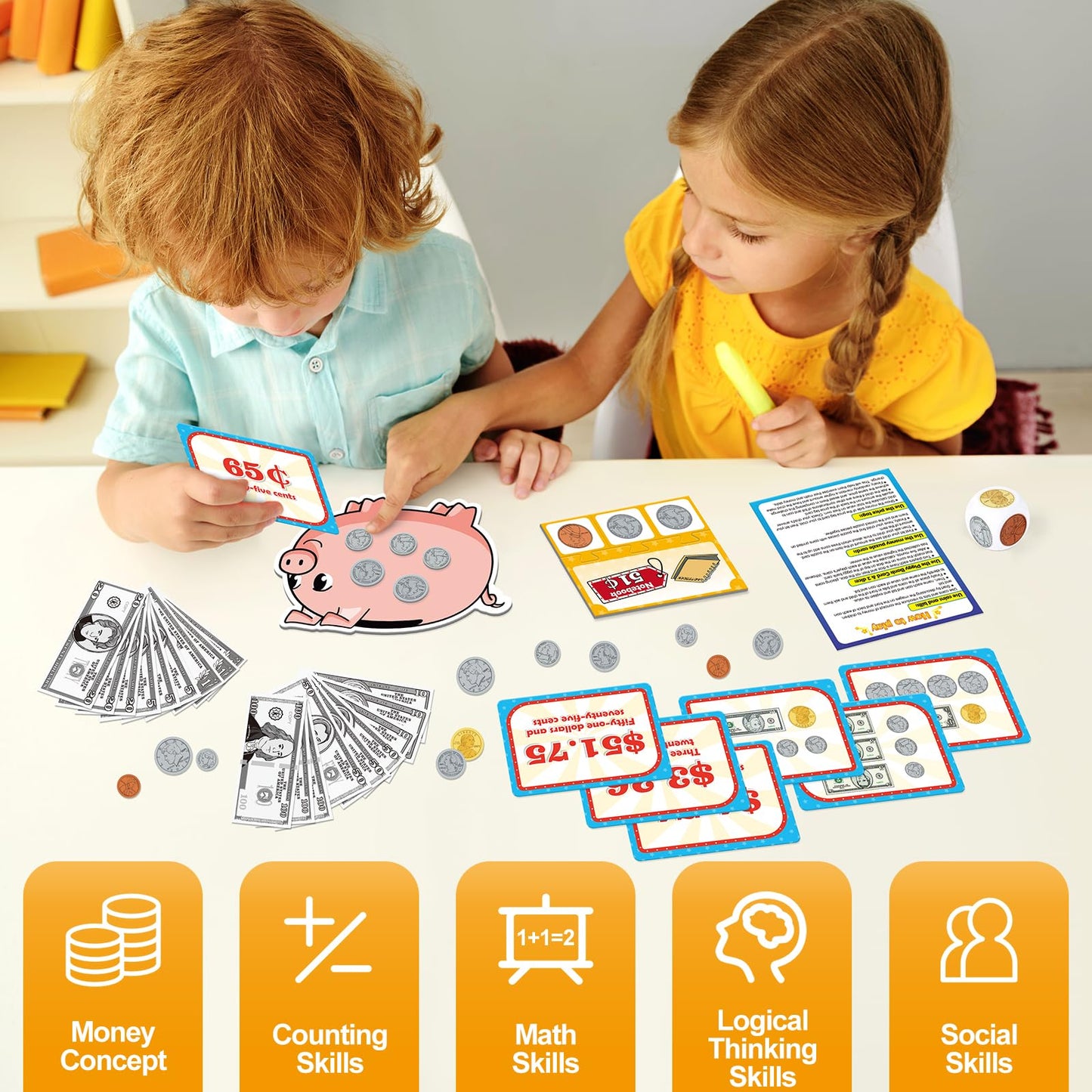 Kasfalci 140 PCS Money for Kids for Learning, Math Manipulatives, Learning & Education Toys for Classroom, Pretend Play, Math Games for Toddler, Teacher and Homeschool Supplies
