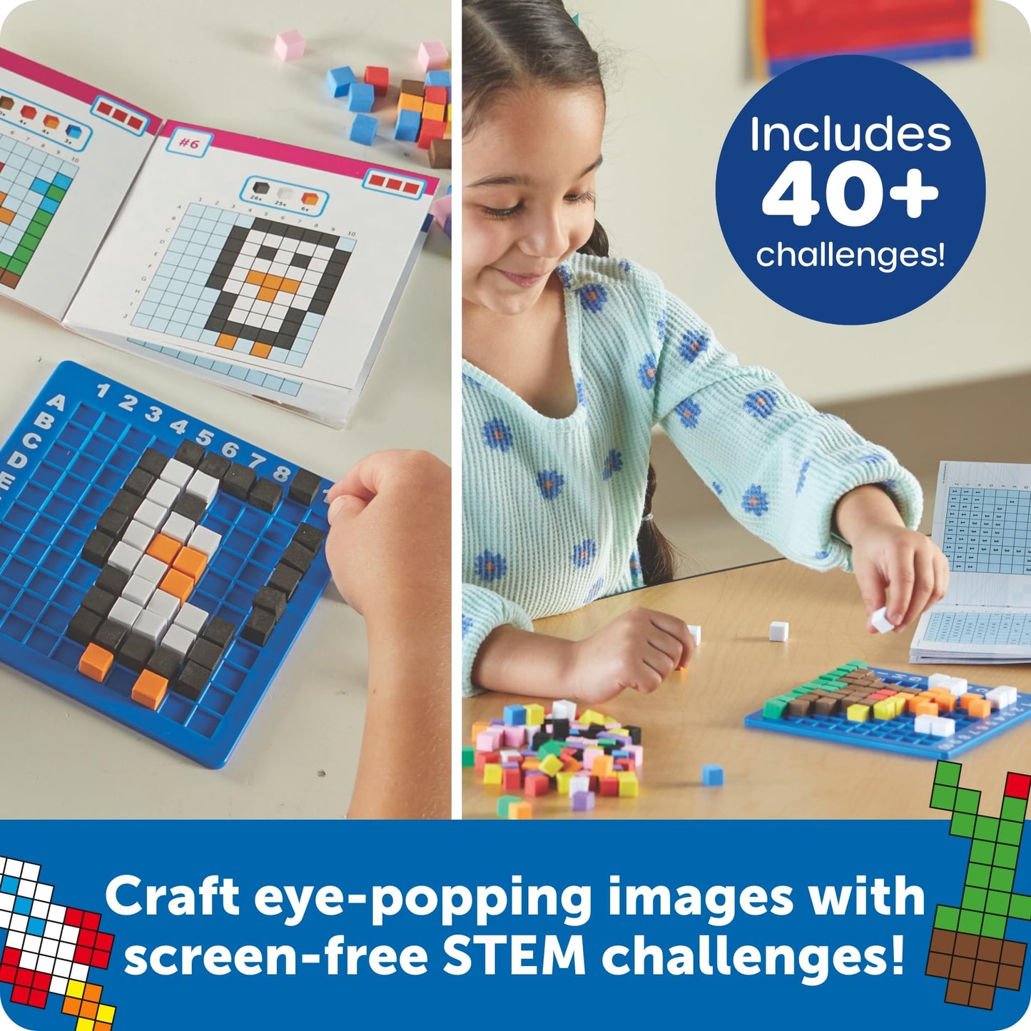 Learning Resources STEM Explorers Pixel Art Challenge - Science Kits & STEM Activities for Kids, Pattern Blocks, Fine Motor Skills, Math Manipulatives, Sorting and Counting, Gifts for Boys and Girls