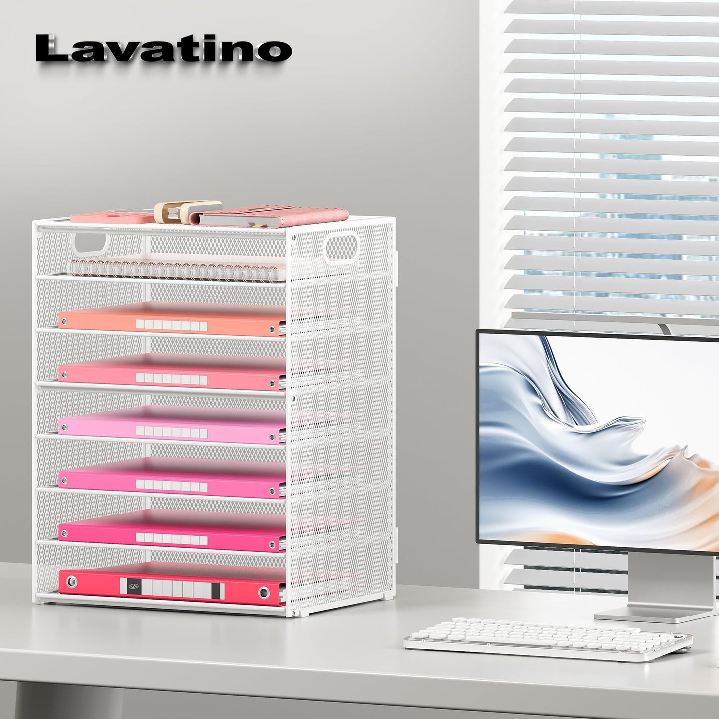 Lavatino 8-Tier Letter Tray Desk Paper Organizer, Mesh File Tray Organizer for Desk, Office Supplies & Home Organization, Fits A4 Paper, Mail, Magazines and Office Accessories (White with Handle)
