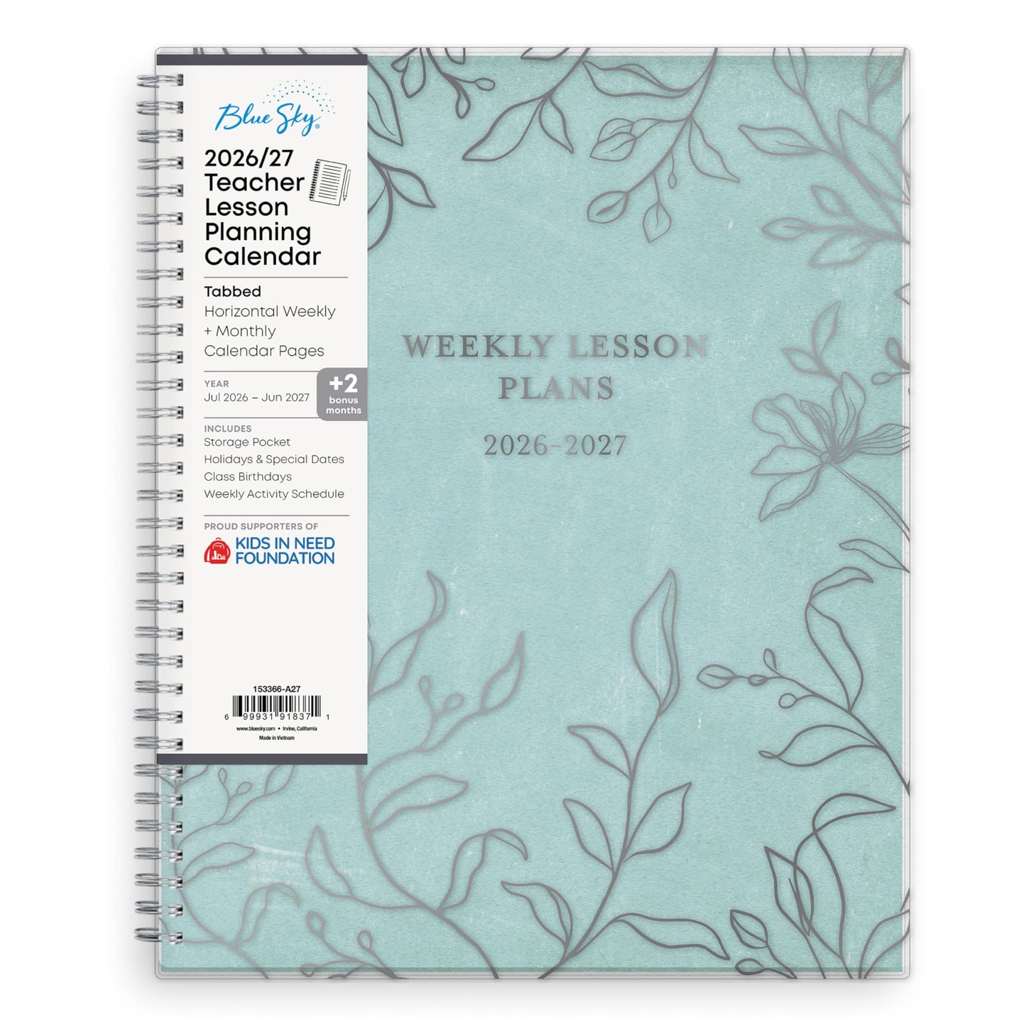 Blue Sky 2026-2027 Weekly and Monthly Academic Year Teacher Lesson Planner Calendar, July 2026 - June 2027, 8.5" x 11", Flexible Cover, Wirebound, Laminated Tabs, Storage Pocket, Prairie Aqua