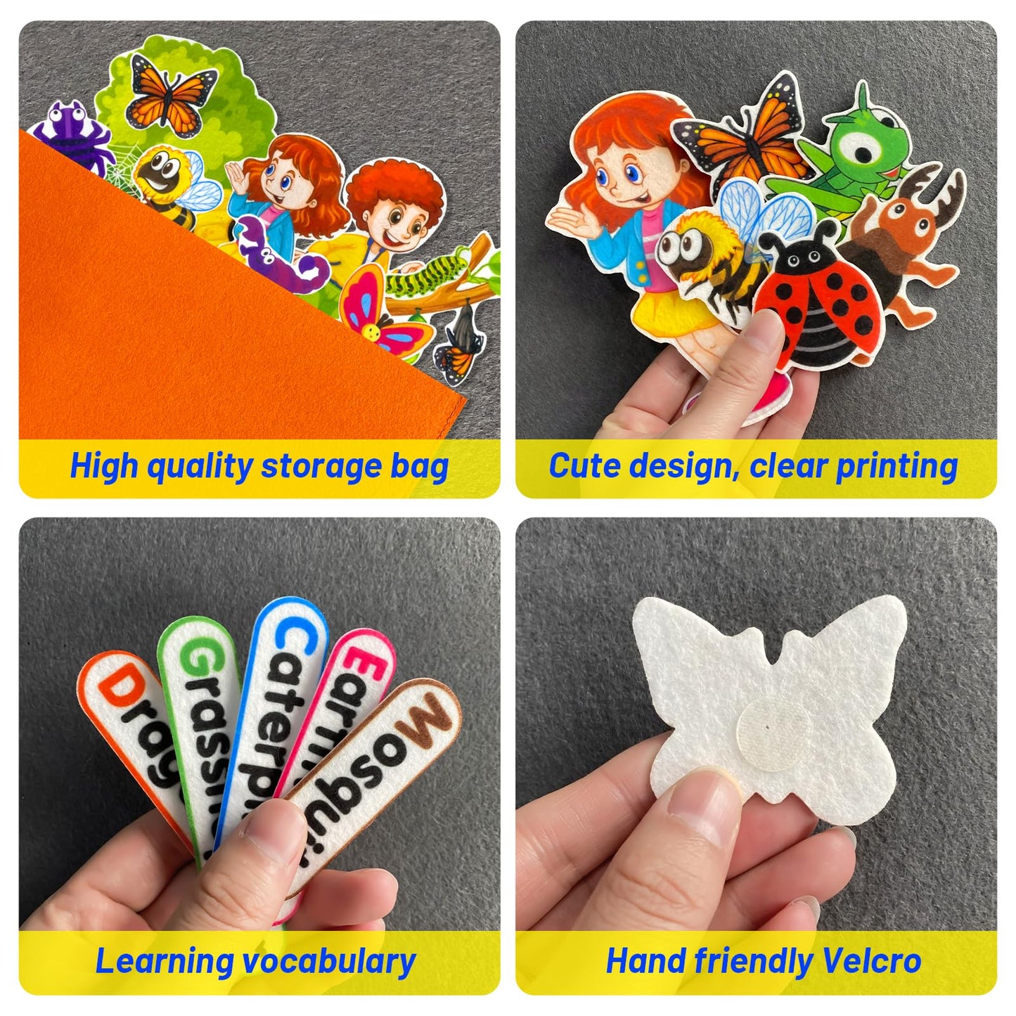 PENGFULL Felt Flannel Board Story Pieces for Toddlers Preschool,Kids Interactive Storytelling Teaching Play Kits for Flannel Board,with Words Felt Pieces(Insect Butterfly)