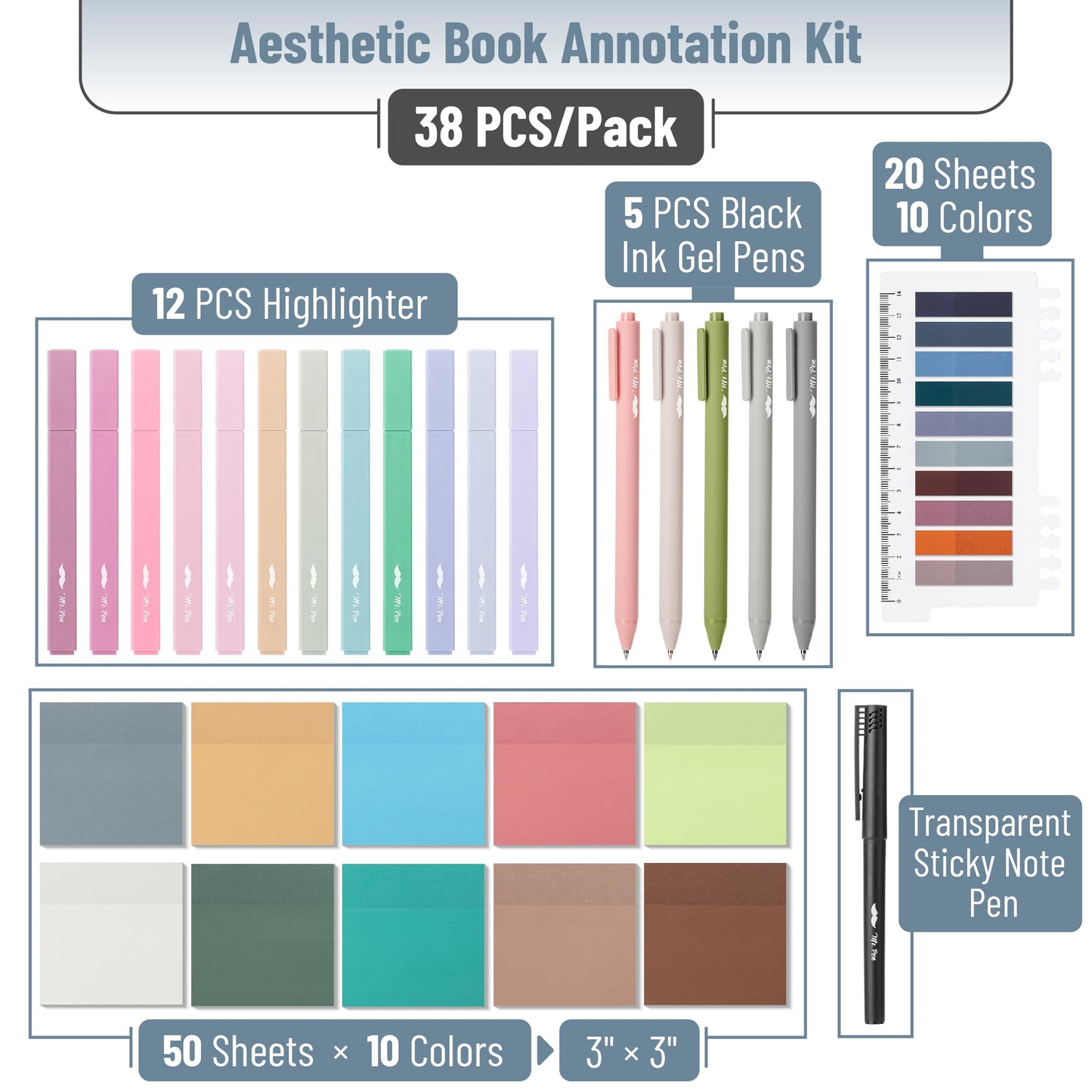 Mr. Pen- Aesthetic Book Annotation Kit, 38 pcs, 12 No Bleed Aesthetic Highlighters, 5 Gel Pens Black Ink, 700 Transparent Sticky Notes & Tabs for Study, Bible Journaling, Planner, Office Supplies