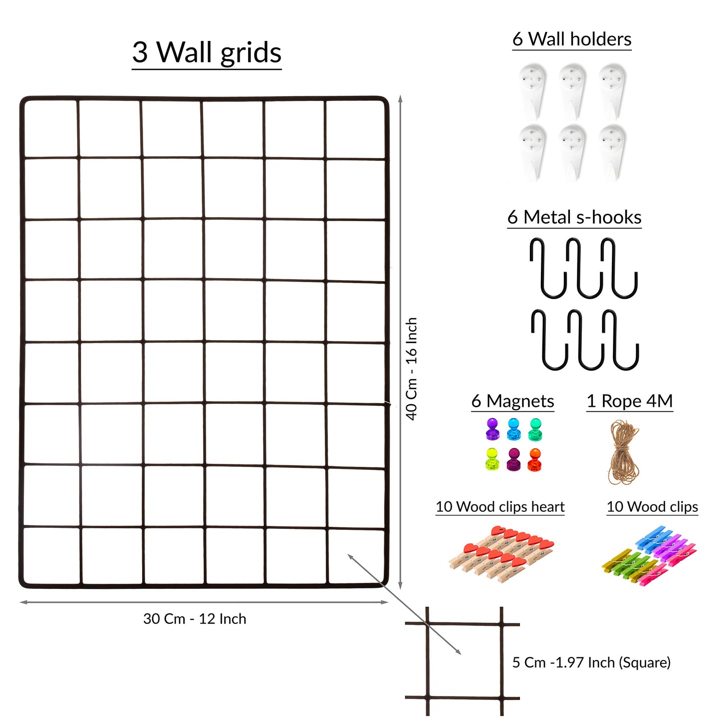 ODOXIA 3-Pack Wire Wall Grid Panel | Photo Grid Wall Decor | Metal Board for Hanging Pictures | Black Wire Organizer for Home, Office & Kitchen | Panel for Display & Storage