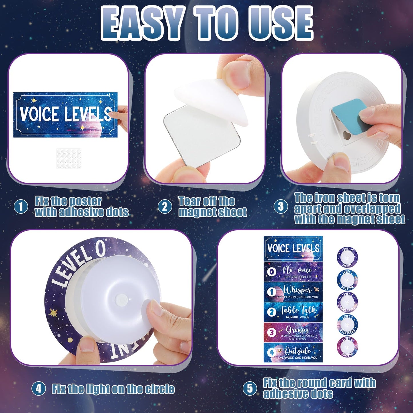 5 Pcs School Push Light and Voice Level Poster Voice Level Chart Monitor Rules Sign Galaxy LED Tap Light Classroom Rules Poster Solar System Classroom Management Tools for Teachers（Space Style）