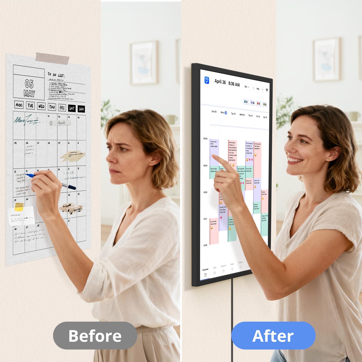 Digital Calendar 24 Inch Touch Screen, Electronic Wall Calendar Chore Chart for Family Monthly/Weekly Planner, Interactive Display Smart Calendar for Home Organization, Desk Mount Included - Black