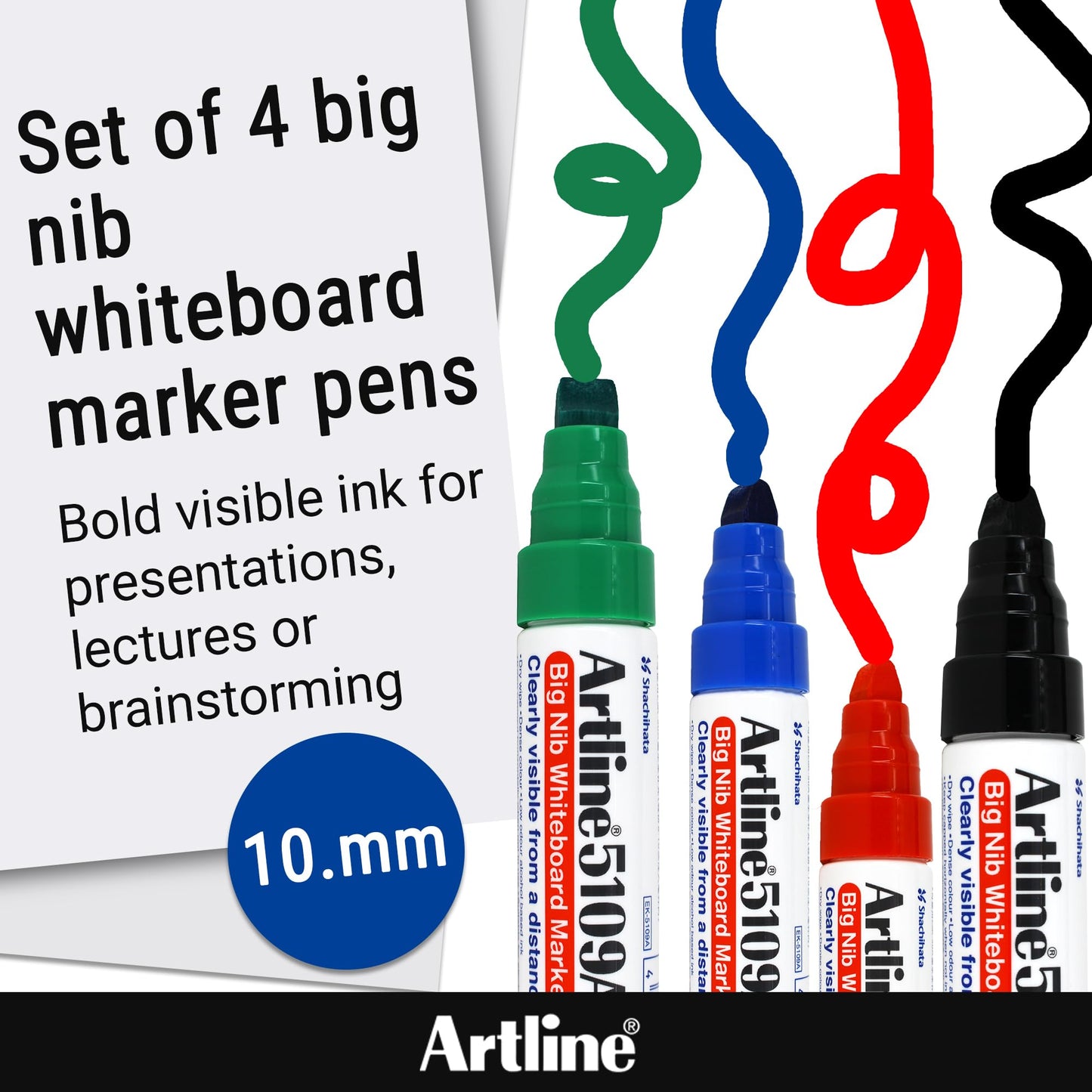 Artline 5109A Magnum White Board Markers Dry Erase with Jumbo Big Nib For Clear, Visible Lettering, Black, Red, Blue, and Green - 4 Pack