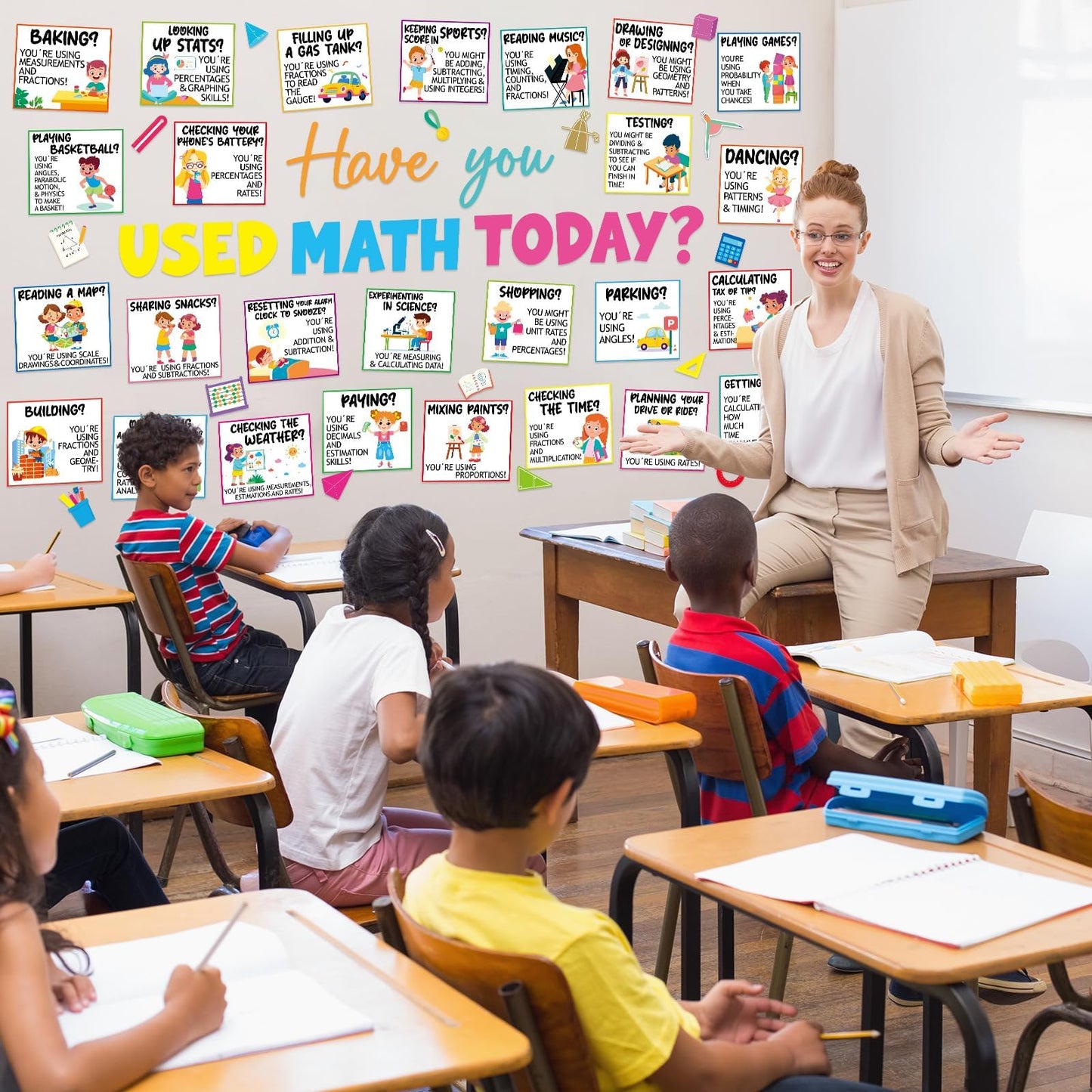 gisgfim Everyday Math Bulletin Board Set Classroom Decoration Mathematics in Daily Life Paper Cutout for Back to School Have You Used Math Today Educational Wall Chalkboard Decor Teacher Supply