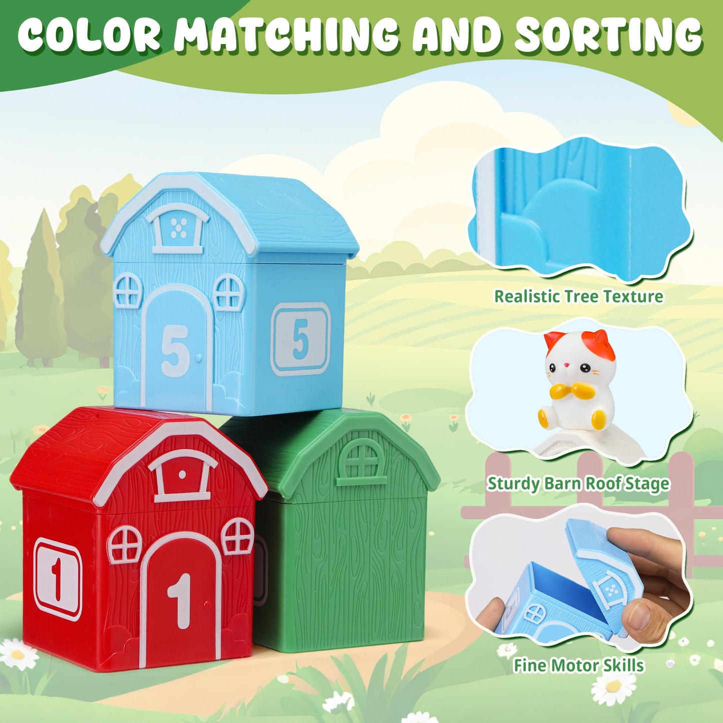 Montessori Toys for Toddlers, 20Pcs Farm Animal Toy Counting, Matching, Sorting Preschool Learning Toy Barn Toy including 10 Barns,10 Finger Puppets and 2 Stickers Birthday Gift Baby Boys Girls