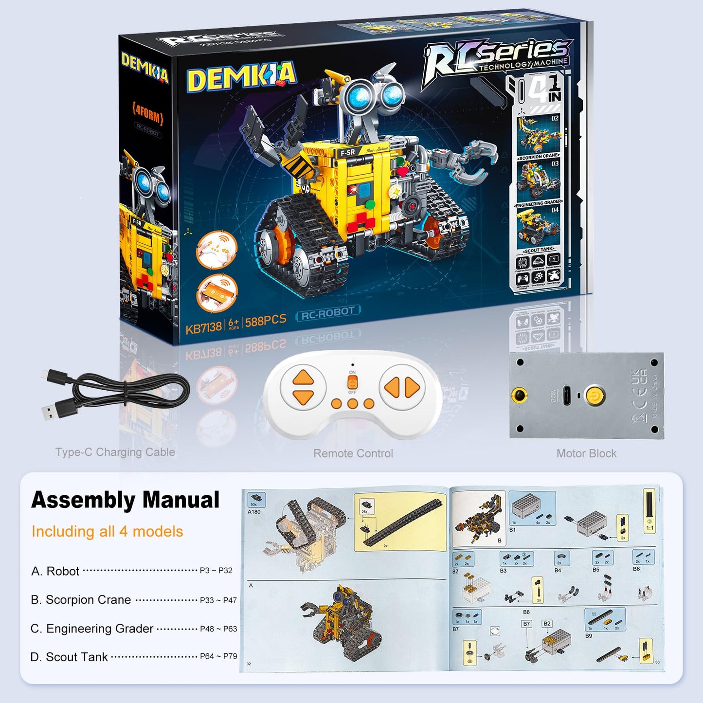 Demkia Robot Building Kit for Kids and Adults, 4-in-1 Rechargeable RC Robotics Kit with Remote & App Control, STEM Coding Toys & Science Projects, Birthday Gifts for Boys Ages 8-12+ (588 Pcs)