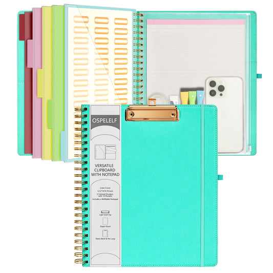 Ospelelf Foldable Spiral Clipboard Folio with Storage Zipper Pouch, 5 Plastic Folders with 10 Pockets,Refillable Lined Notepad (11" x 8.5"), Hardcover Project Organizer with 39 Stickers (Aqua)