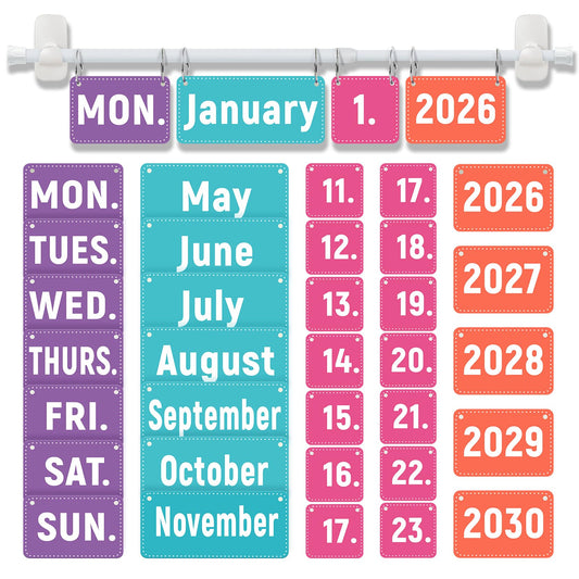 Upgraded 2-in-1 Flip Calendar for Classroom with Magnetic & Adhesive Fixing, Adjustable Magnetic Rod Flip Calendar for Whiteboard, Black and White Classroom Decor Bulletin Board Set (Colorful)