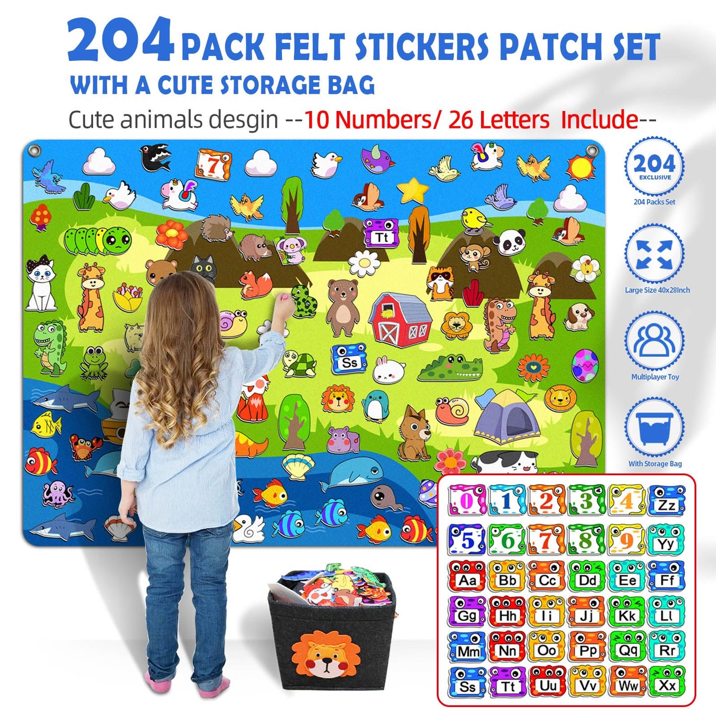 SKOLESK 204Pcs Animals Felt Busy Board Story Set with Storage Bag Preschool Large Wall Storyboard Forest Themed Early Learning Interactive Play Kit Wall Hanging Gift for Toddlers Kids 40 X 28 Inch