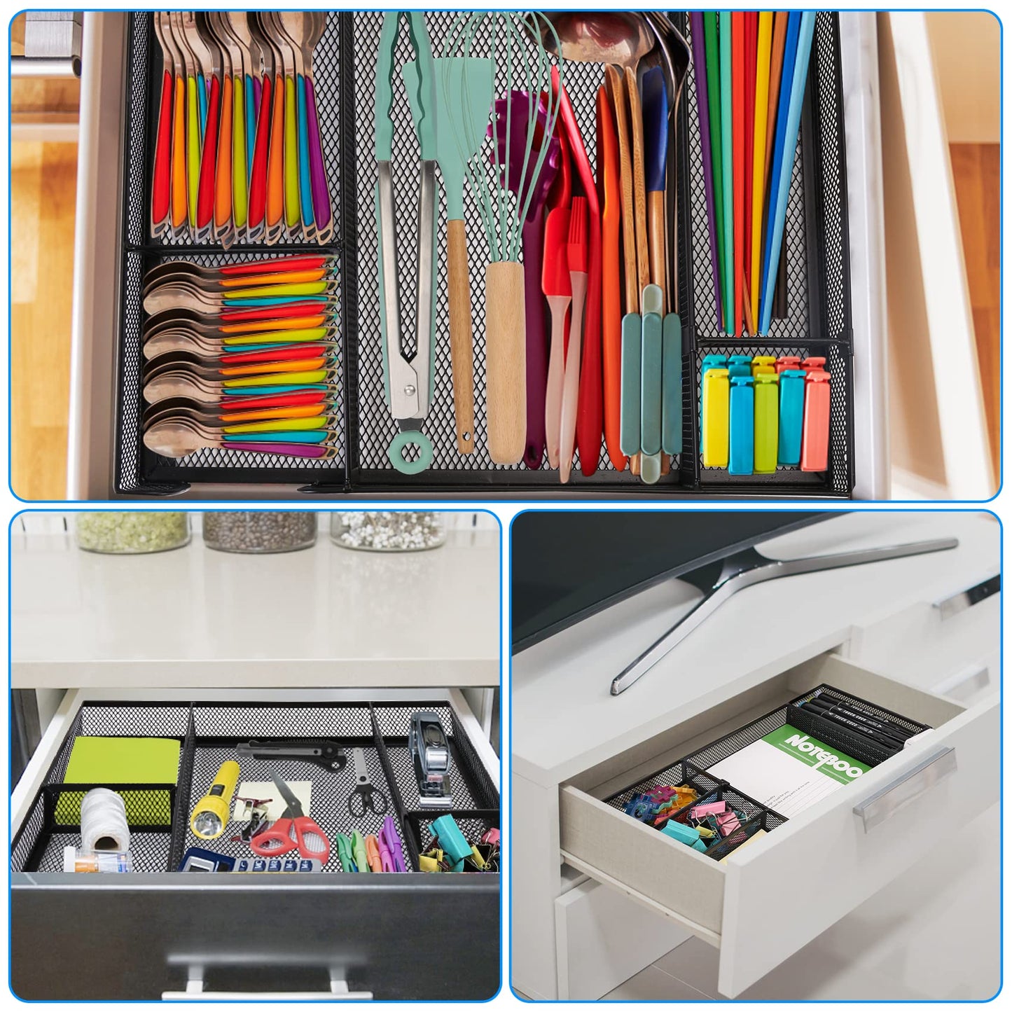 EsOfficce Desk Drawer Organizer Tray with Adjustable Compartments, 6 Grid Metal Mesh Drawer, Multi-use Desk Organizer Storage Box Set for Office,Home,School Supplies, 12.6X9X1.9 inch