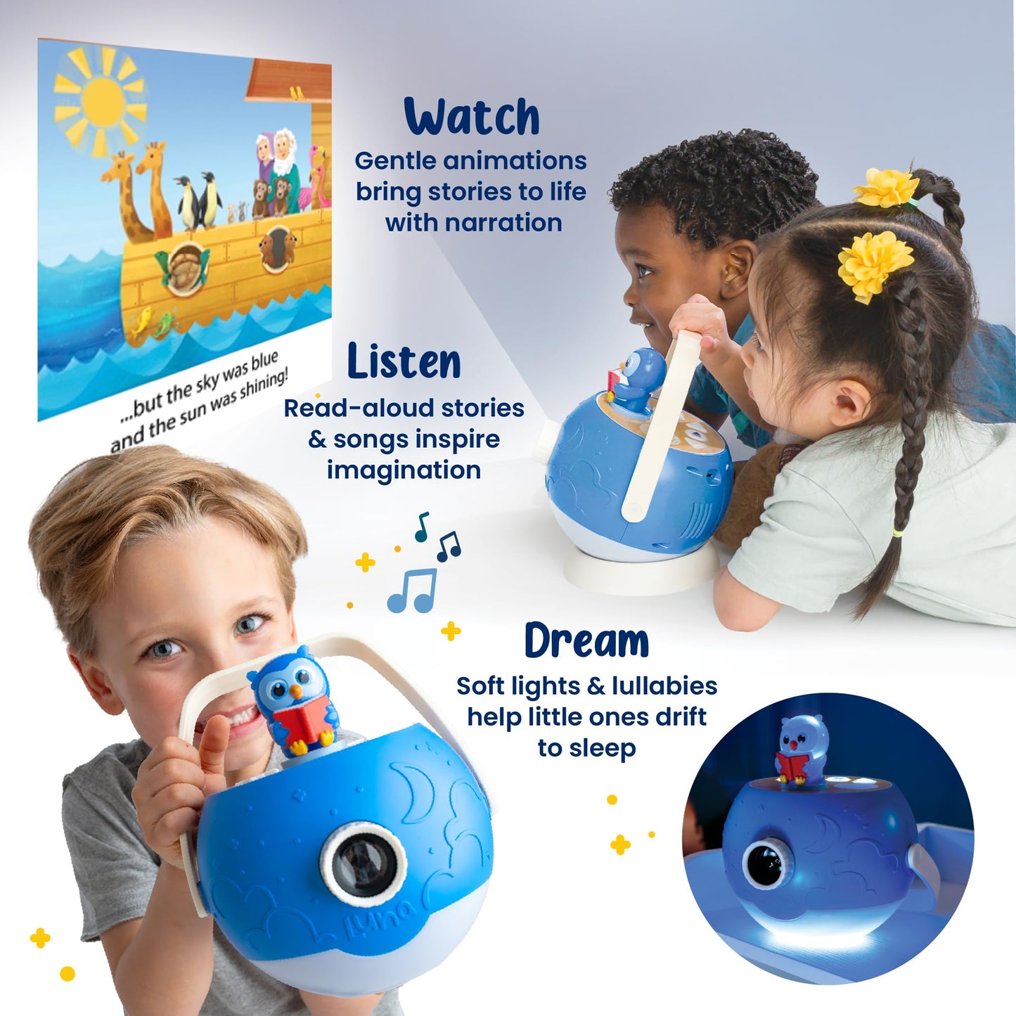 Luna StoryTime Kids Book Projector – 6 Bible & 5 Classic Read-Aloud Stories, 10 Songs & Night Light & Soothing Dream Music | Children Ages 3+ Storytime Projector for Kids & Toddler | Toys, Owl & Angel