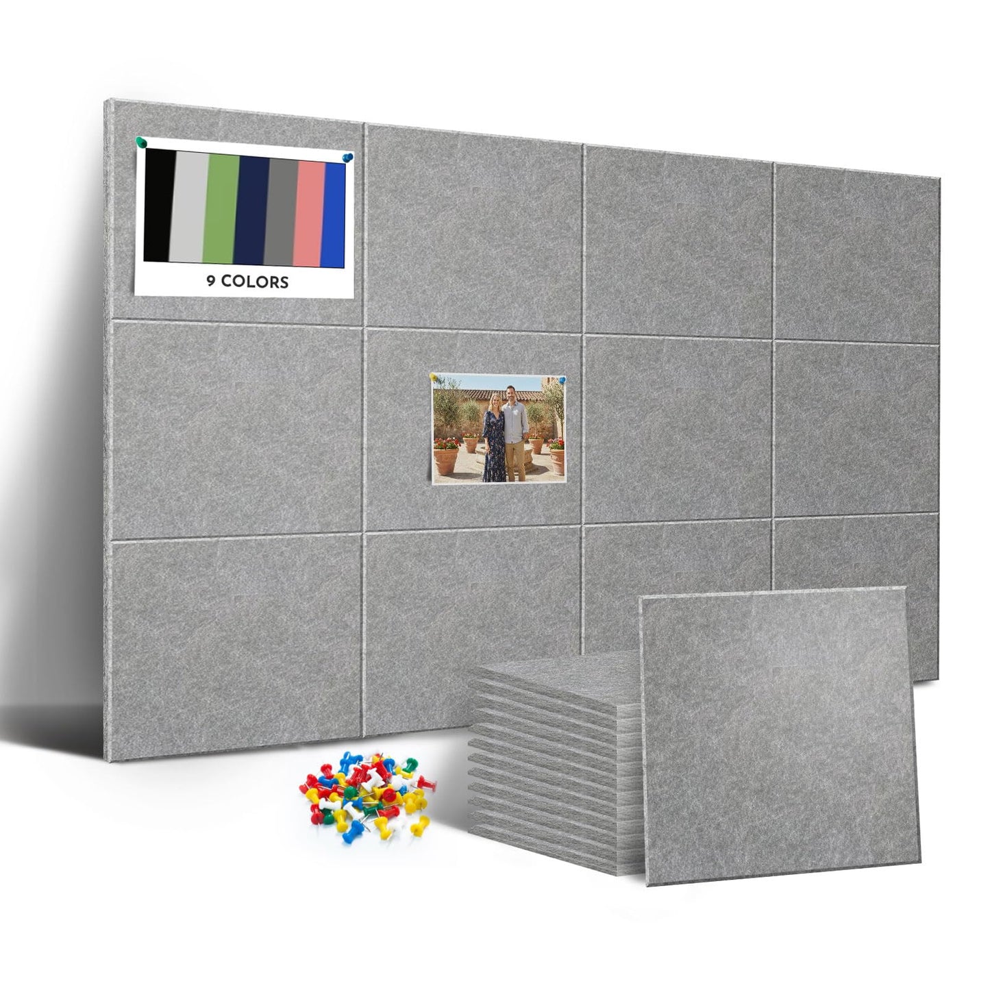 MISSDAY Dark Grey Acoustic Wall Panel Large Felt Bulletin Board 48" x 36" Cork Board for Wall, 12-Pack Boards with 72 Adhesive Tabs, 50 Pins, Pin Board for Home Office Classroom Soundproof Wall Tile