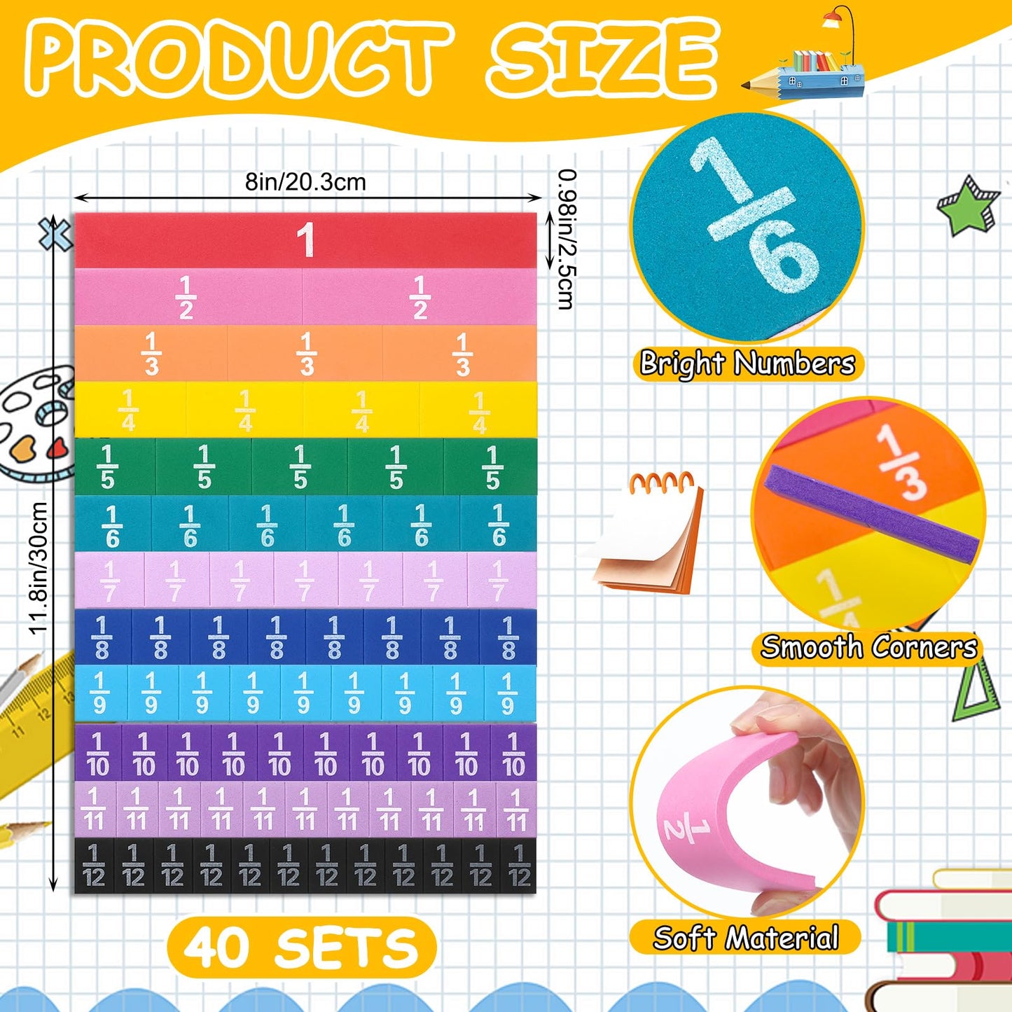 Sayglossy 40 Set Fraction Tiles Set for Math Classroom Rainbow Color Manipulatives Montessori Math Materials for Maths Classroom School Learning Educational Supplies