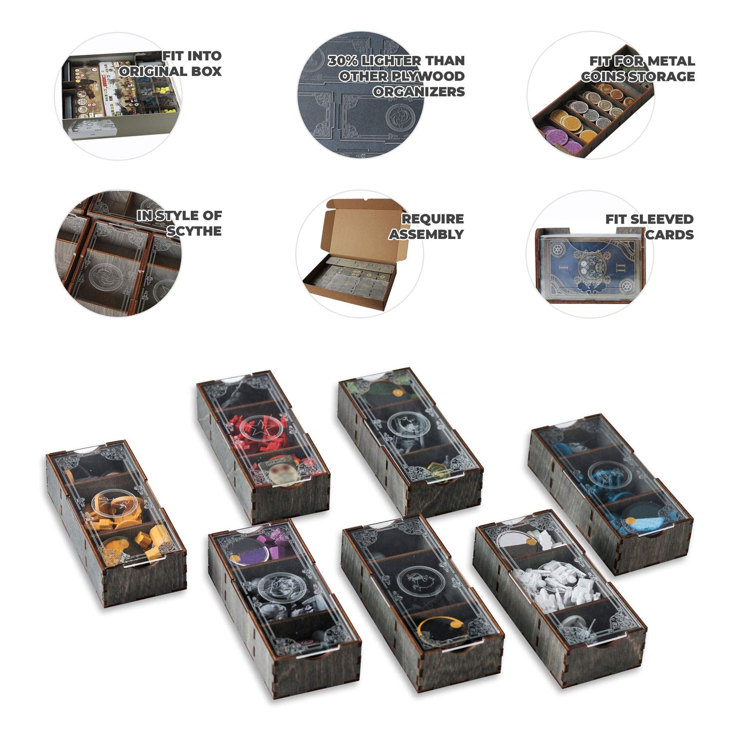Smonex Wooden Organizer Compatible with Scythe Board Game - Box Suitable for Storage Scythe Base Game, Invaders from Afar Expansion and Promo Packs - Kit Token Box Card Insert