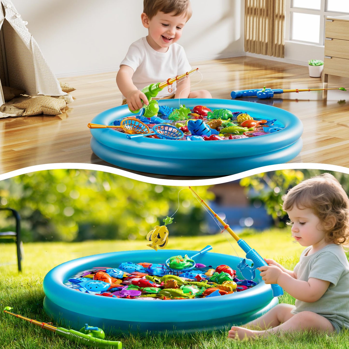 PEADUCK Magnetic Fishing Game Pool Toys for Toddlers 3-5, Water Table Bathtub Toys with Inflatable Pool Pole Rod Net Plastic Floating Fish, Outdoor Toys for Kids Boys Girls Age 3 4 5 6 7 8 Year Old