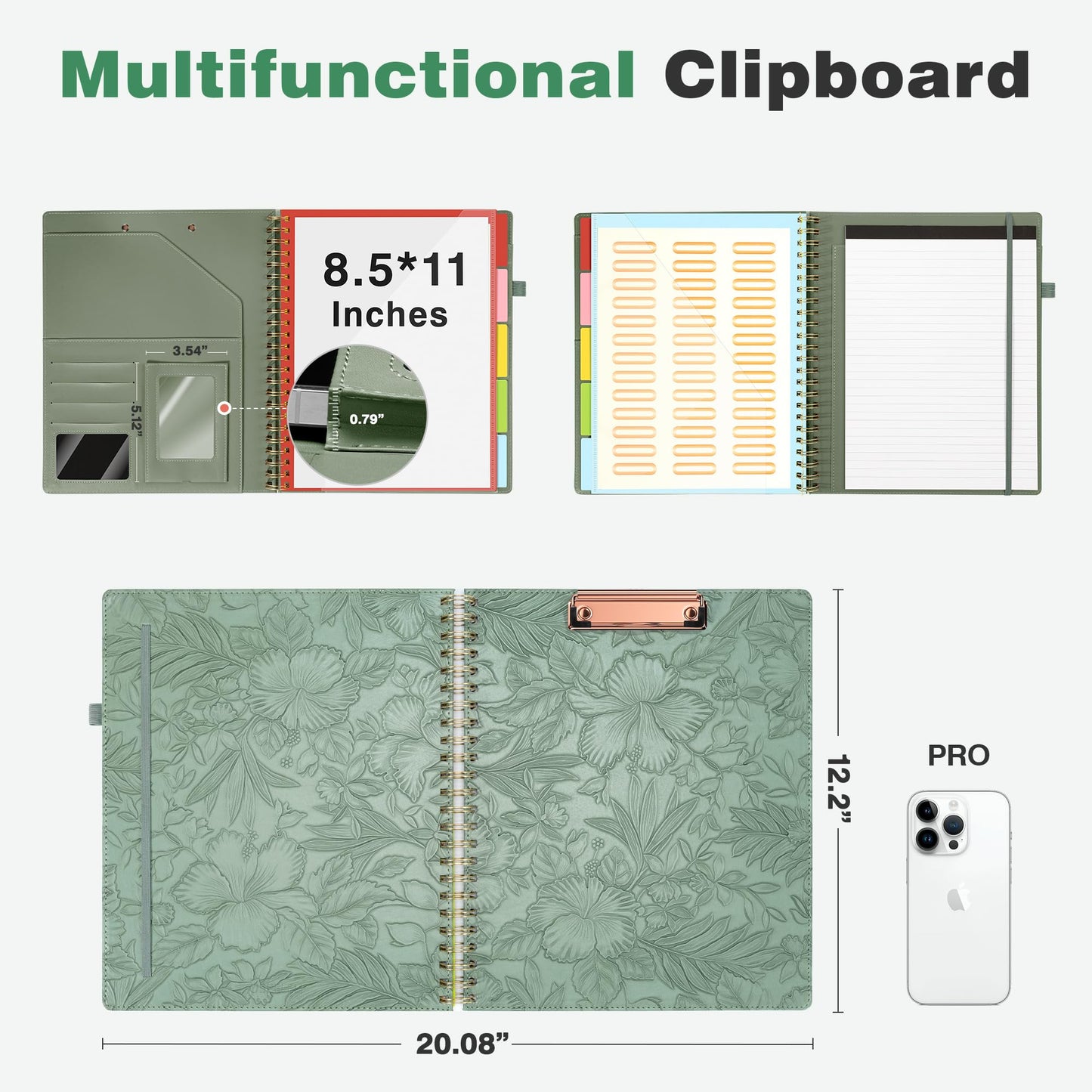 Clipboard with Storage for Men Women, Leather Padfolio Portfolio Organizer 5 Folders with 10 Pockets, Spiral Clipboard Folio with Notepad for Letter Size, Elastic Closure and Pen Loop Green Floral