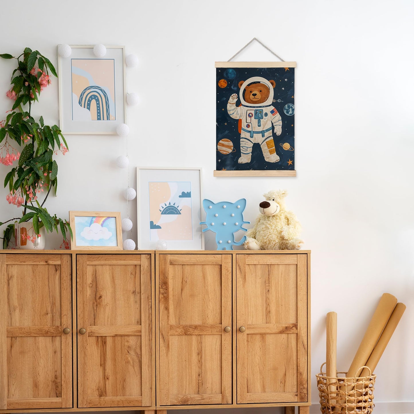 URLLUAE Astronaut Bear Space Wall Art Posters for Kids Room, Cute Outer Space Planet Poster Hanger Frame for Boys Bedroom Classroom Nursery Playroom Wall Decor, 12x16 Inch