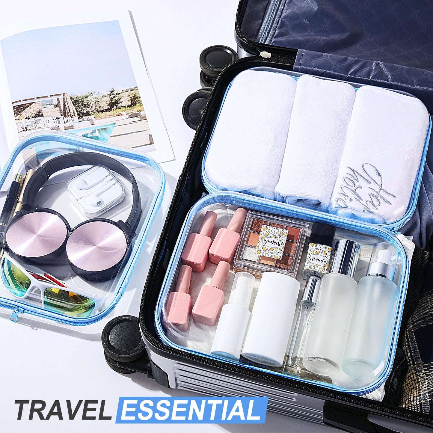 Hoolerry 3 Pcs Clear Hard Zipper Case Hard Plastic Zipper Pouch Makeup Bag Portable Travel Organizer for Cosmetics, Office Supplies, Documents & Toiletries(Blue,M)