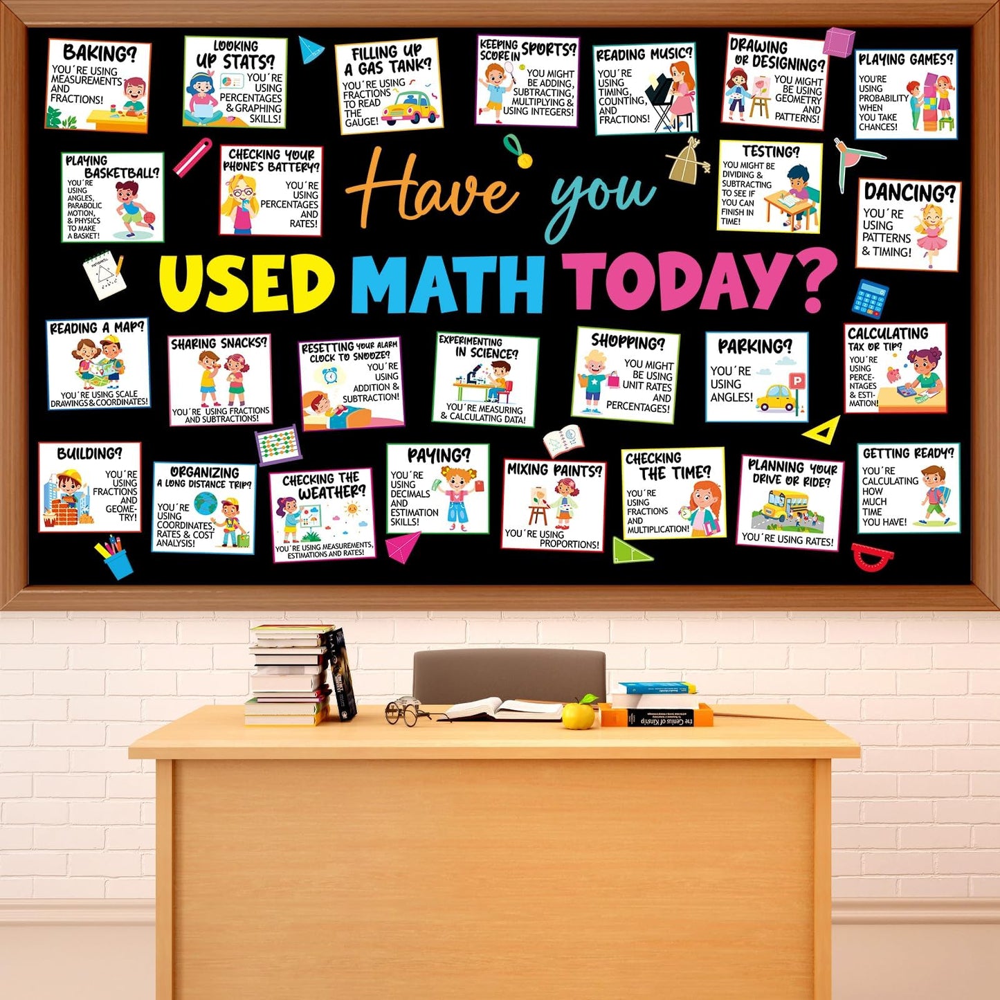 gisgfim Everyday Math Bulletin Board Set Classroom Decoration Mathematics in Daily Life Paper Cutout for Back to School Have You Used Math Today Educational Wall Chalkboard Decor Teacher Supply