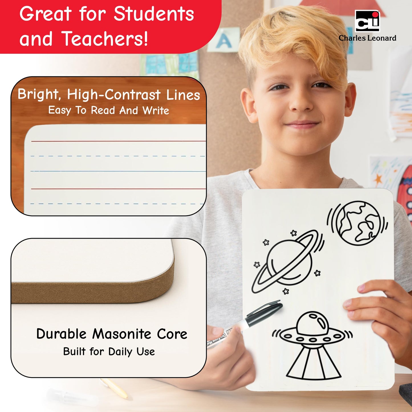 Charles Leonard Dual-Side Mini Dry Erase Boards, Classroom Pack of Mini Lapboards, Set of 12, Plain and Lined Sided Dry Erase White Boards, 9x12 Inches (35120)
