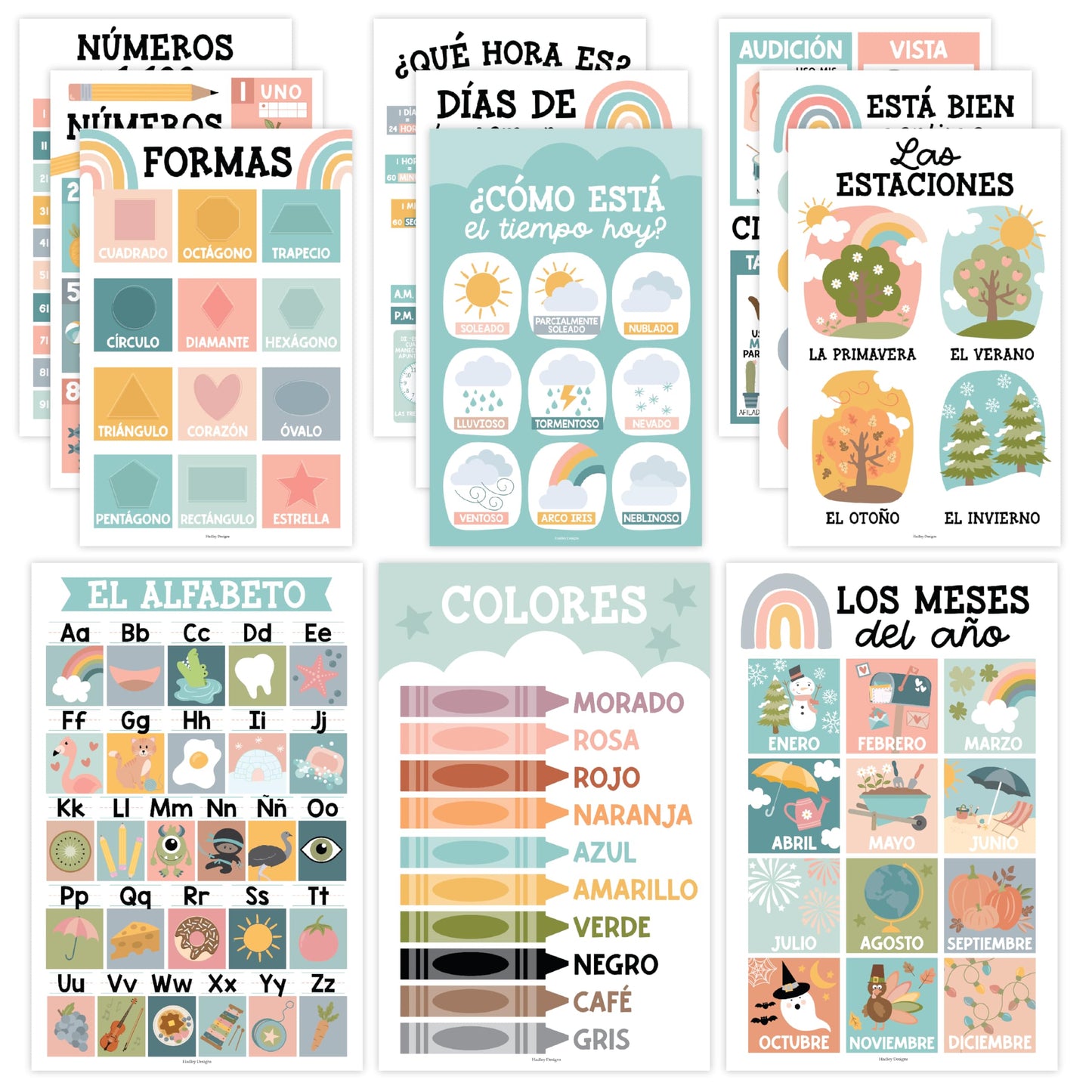 Hadley Designs Spanish Posters for Classroom - 12 Bilingual Educational Posters for Spanish Classroom Decorations Must Haves, Calendario y Alfabeto en Español Para la Pared, Boho Teacher Supplies