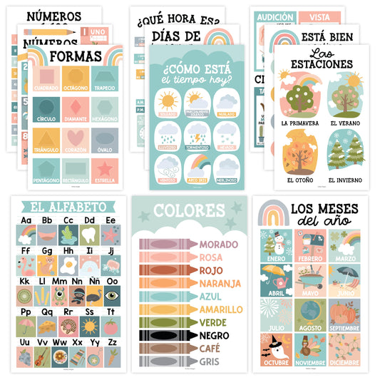 Hadley Designs Spanish Posters for Classroom - 12 Bilingual Educational Posters for Spanish Classroom Decorations Must Haves, Calendario y Alfabeto en Español Para la Pared, Boho Teacher Supplies